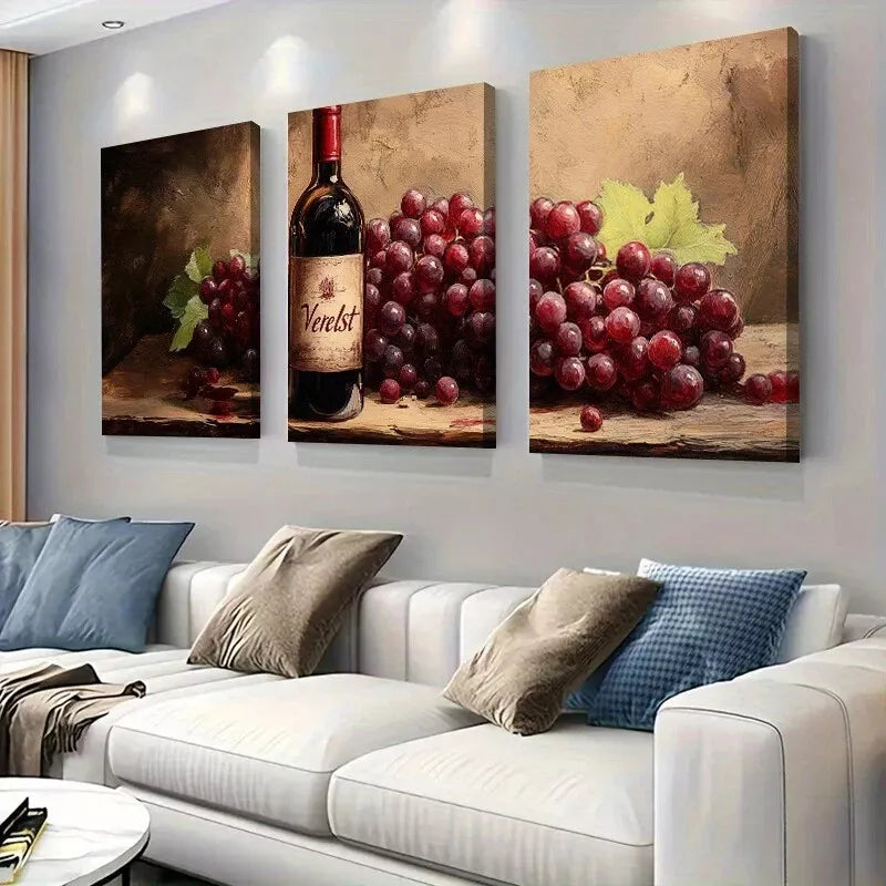 3-Piece Wine Bottle and Grapes Rustic Kitchen Wall Art Set - Framed Canvas 40x60cm - High Quality Print - 100% Australian Made - Ready to Hang - Perfect for Dining Room, Bar Decor & Farmhouse Style Kitchens