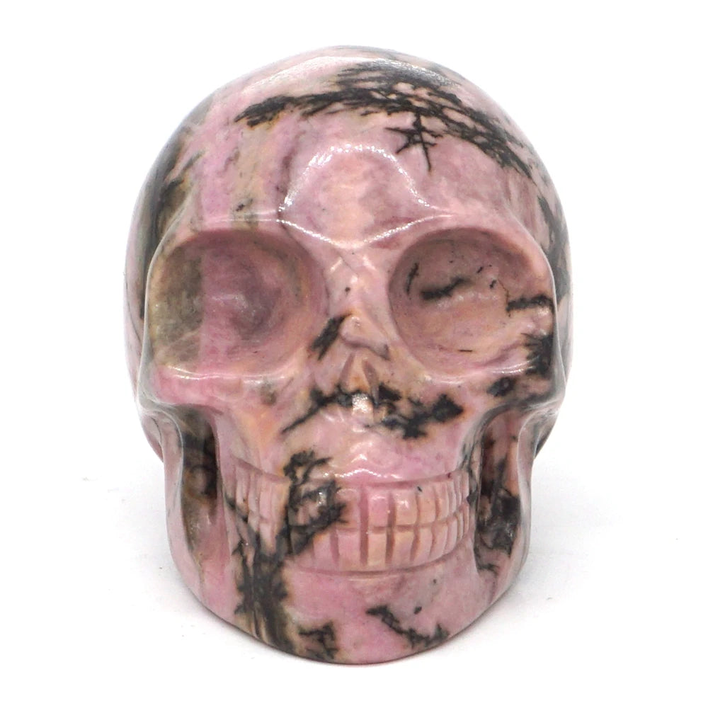 2 Pack Skull Statue - Natural Pink & Black Rhodonite Crystal Carved Figurine, Reiki Healing Stone, Home & Office Decor for Meditation Room, Altar Display, and Spiritual Healing Gifts