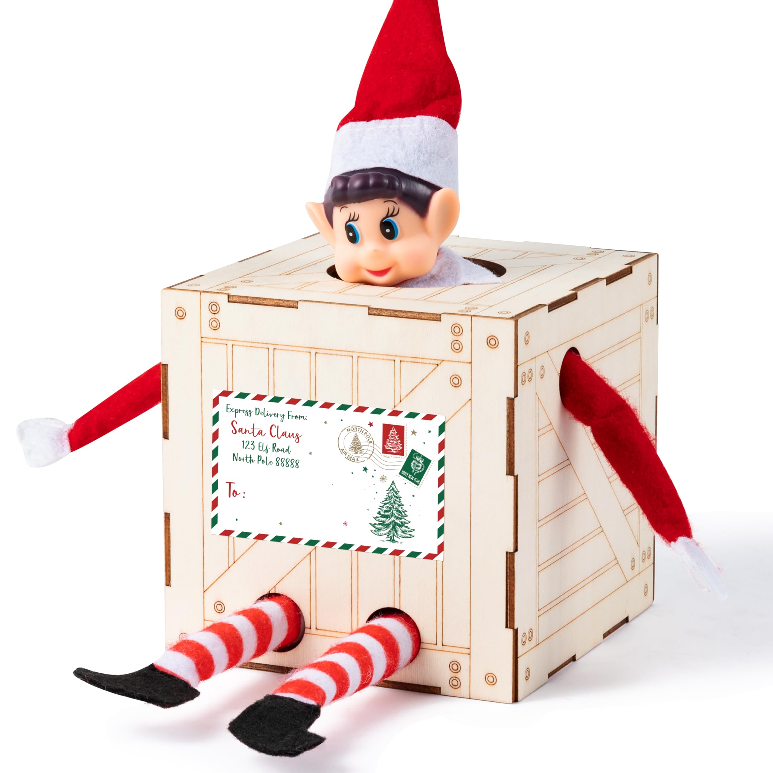 Christmas Elf Crate with Gift Card - Wooden Elf Holder for Kids - Perfect for Santa's Elf Delivery & Holiday Gifts