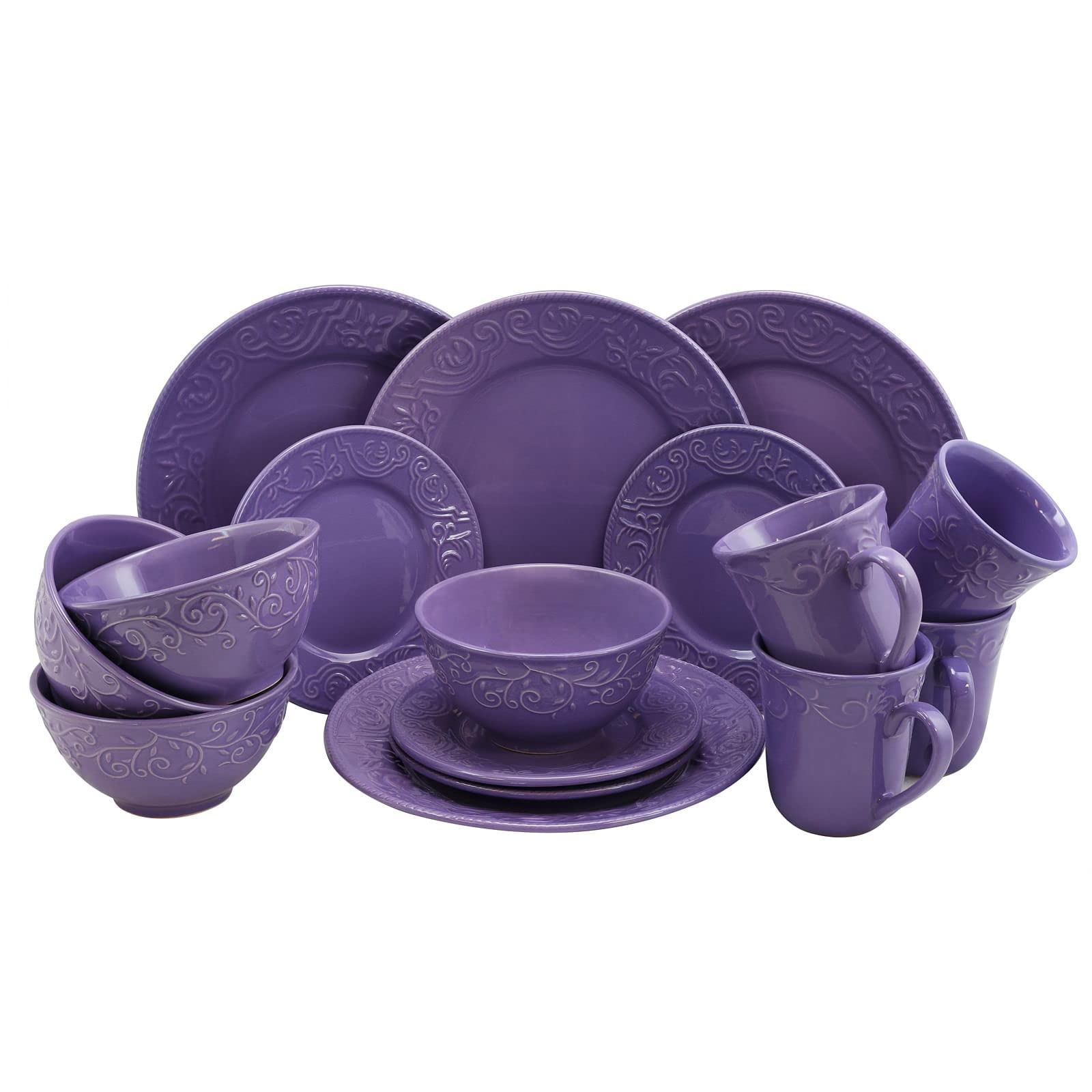Elama Embossed Stoneware 16-Piece Elegant Round Dinnerware Set in Lilac Purple - Perfect for Formal Dining, Holiday Entertaining & Special Occasions