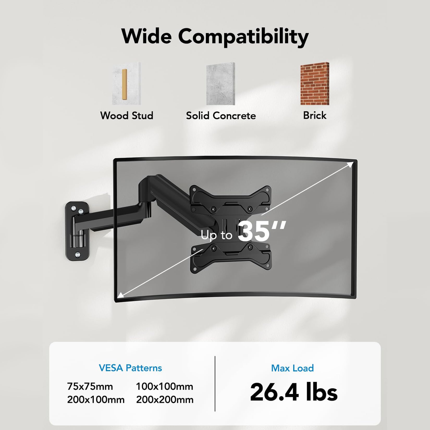 HUANUO Full Motion Gas Spring Monitor Arm for 22-35 Inch Flat/Curved Screens - Heavy Duty VESA Wall Mount Bracket up to 26.4lbs, Height Adjustable 200x200mm - Perfect for Home Office, Gaming Setup & Workspace Ergonomics