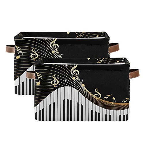 SEULIFE Foldable Storage Basket with Piano Keys Design - Large Collapsible Organizer Bin for Toys, Bathroom, Nursery & Closet - Gold Music Notes Pattern with Handles - Perfect for Home Organization & Kids Room Storage (1 Pack)