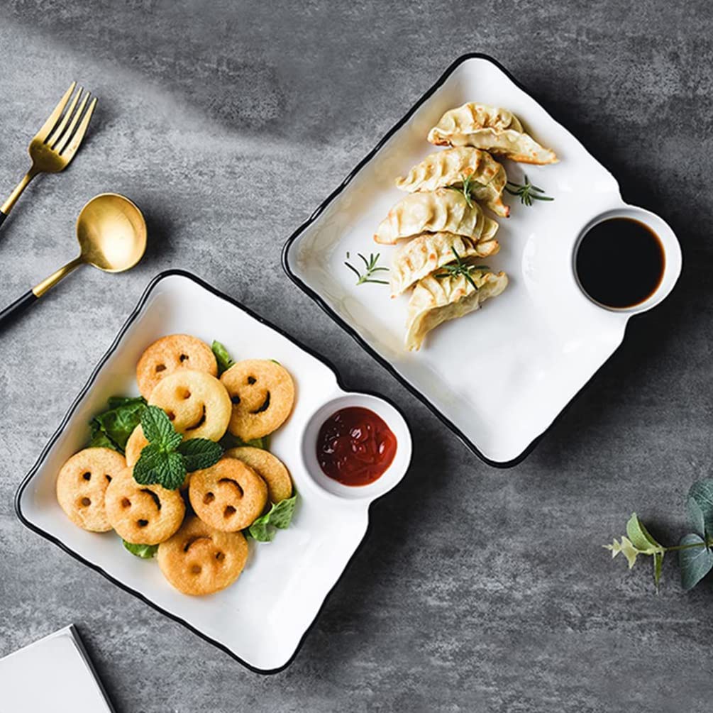 2-Piece Chip and Dip Serving Platter Set - Divided Party Trays with Snack Bowls for Entertaining, Wine & Dine Appetizer Plates - Reusable Dumpling Plate with Sauce Holder - Perfect for Buffet Parties, Game Nights & Family Gatherings (7.27x6.8 Inches)