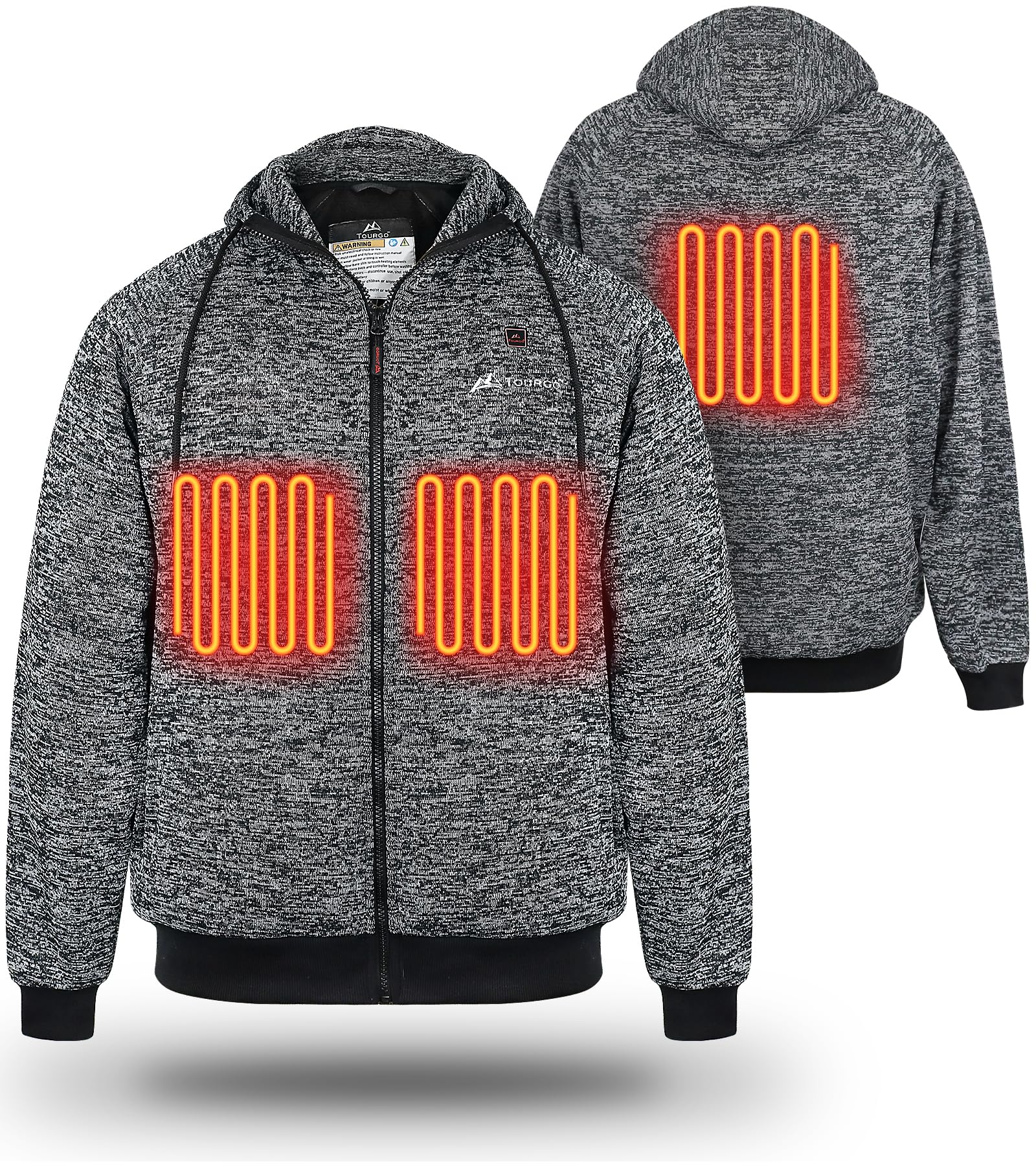 TOURGO Heated Hoodie for Men & Women - 12V 16000mAh Battery Pack, 3 Heating Zones, USB-Powered Fleece Jacket with Hood - Perfect for Outdoor Activities, Camping, Hiking & Winter Sports