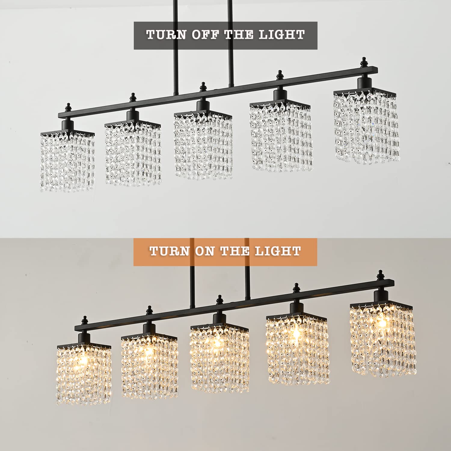 Modern Farmhouse Black Metal Linear Crystal Chandelier - 5-Light Adjustable Pendant Lighting for Kitchen Island & Dining Room Table | Elegant Dining, Kitchen Decor, Farmhouse Lighting