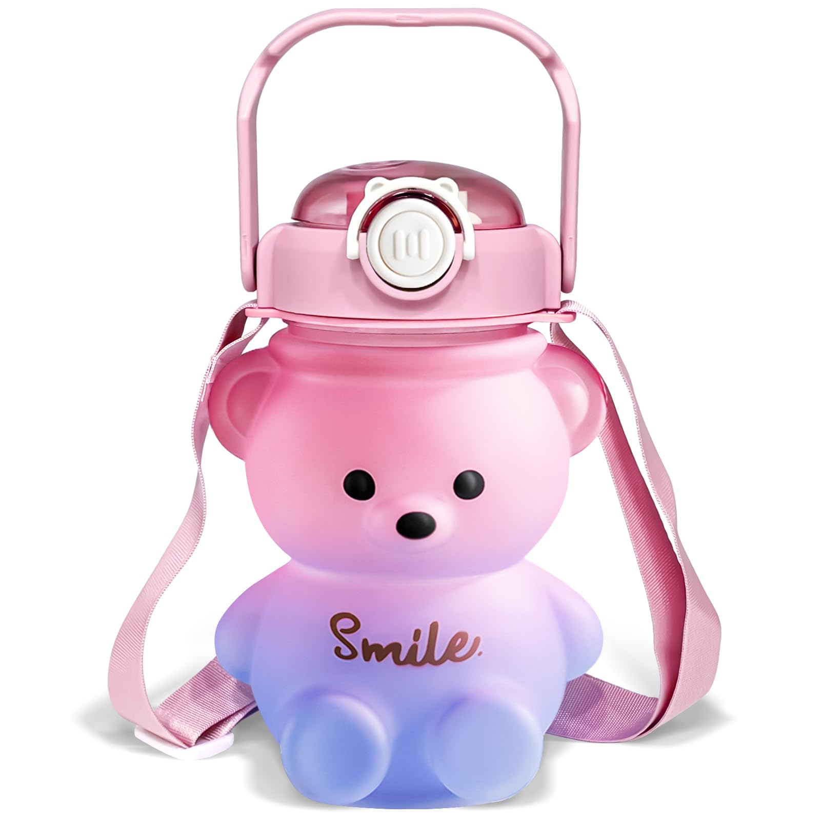 CLWVPCOT 32oz Bear Water Bottle with Straw & Strap - Cute Kawaii Teddy Bear Leak-Proof Water Bottle for Girls & Kids - Perfect for School, Travel, Sports & Outdoor Activities (Pink)