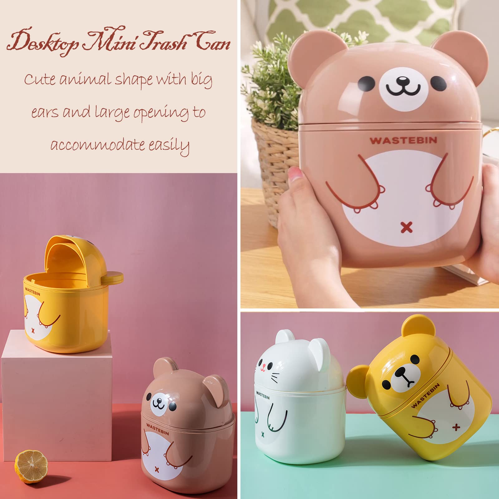 Mini Countertop Trash Can with Lid - Small Desk Waste Bin for Office, Vanity & Coffee Table - Cute Bear-White Garbage Can for Home Decor & Organization - Perfect for Bedroom, Bathroom & Workspace