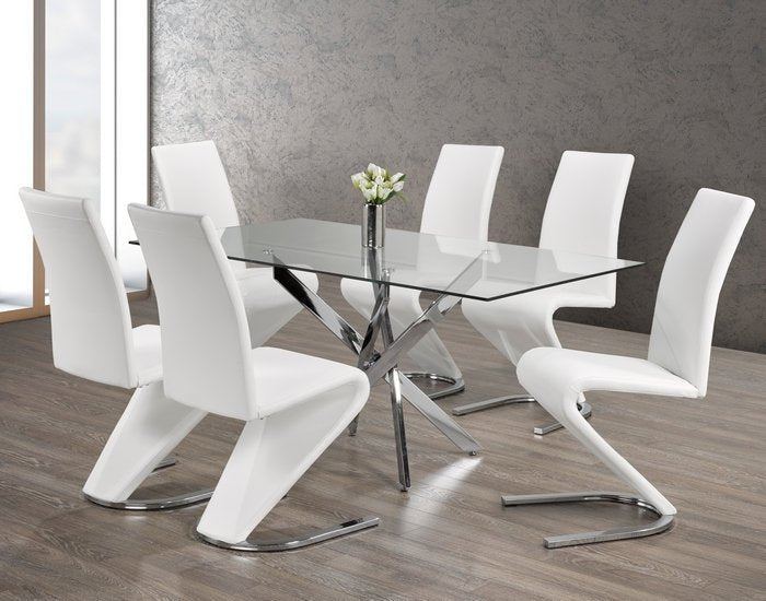 Modern Glass Dining Table with Swivel Chrome Legs & White Z-Shaped Chairs - Perfect for Small Spaces, Apartments, and Contemporary Dining Rooms