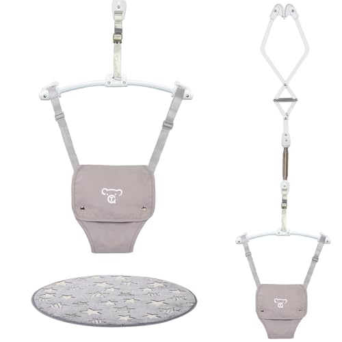 Baby Jumper with Soft Rug - Adjustable Doorway Bouncer for Playtime (Grey)