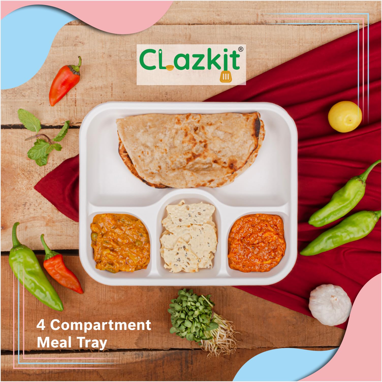 Clazkit 50 Pack 4-Compartment Disposable Meal Trays - Eco-Friendly Biodegradable Bagasse Plates for Parties, Weddings & Events | Perfect for Catering, Picnics & Outdoor Dining