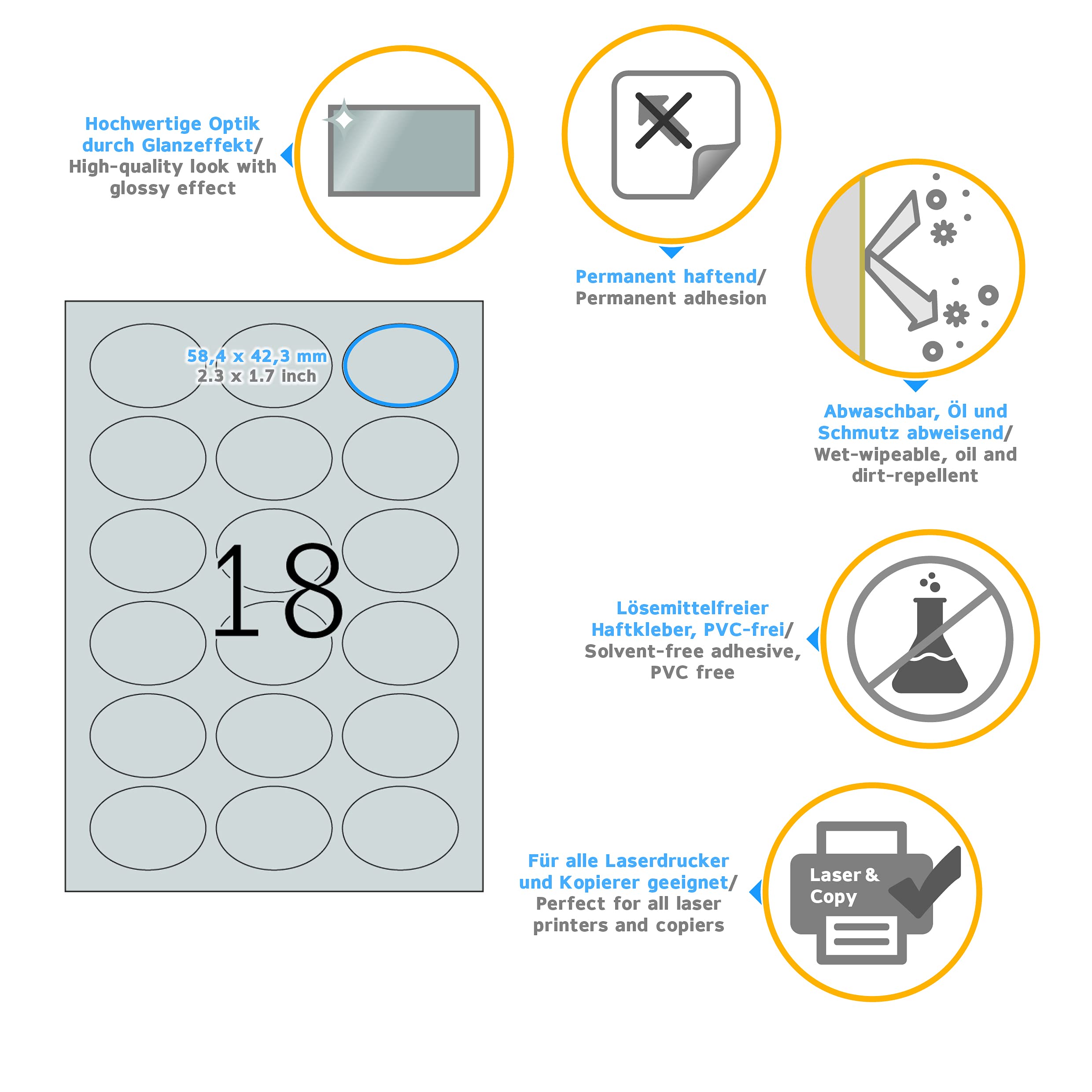 HERMA Self Adhesive Film Labels - 450 Blank Weatherproof Oval Stickers (58.4x42.3mm), 18 Labels per A4 Sheet, 25 Sheets Pack - Compatible with Laser & Inkjet Printers - Silver - Perfect for Shipping Labels, Pantry Organization & Product Packaging