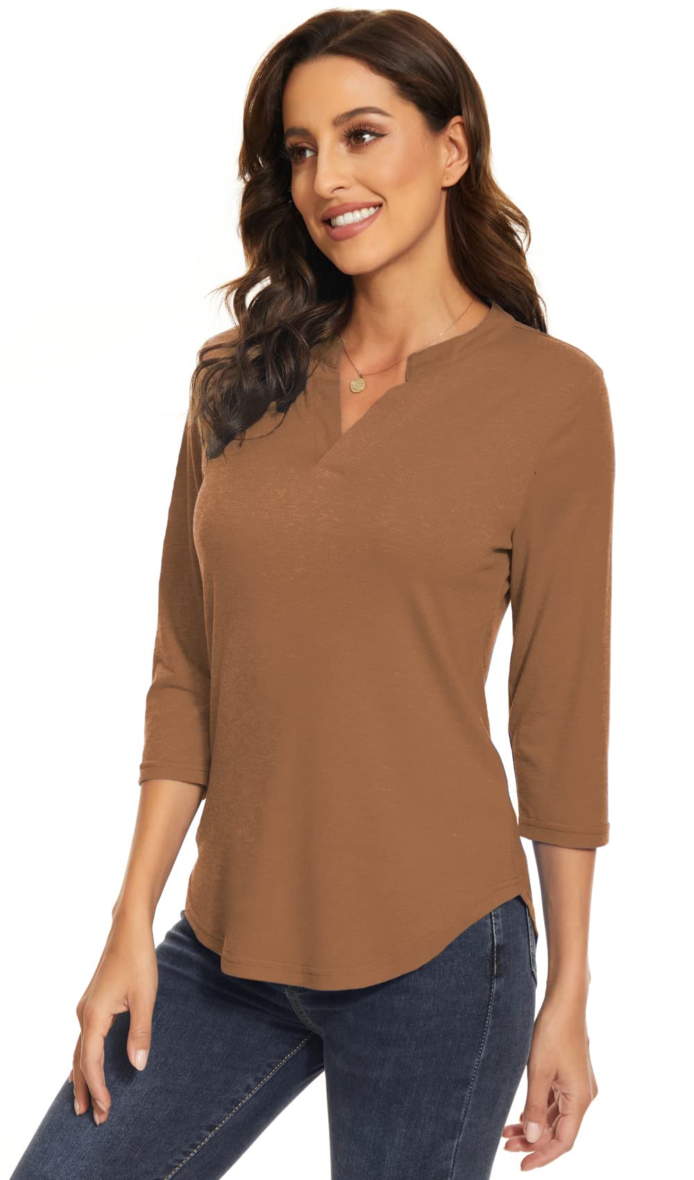 Women's 3/4 Sleeve V-Neck Collared Blouse - Professional Work Shirt Tops for Office, Business Casual & Everyday Wear