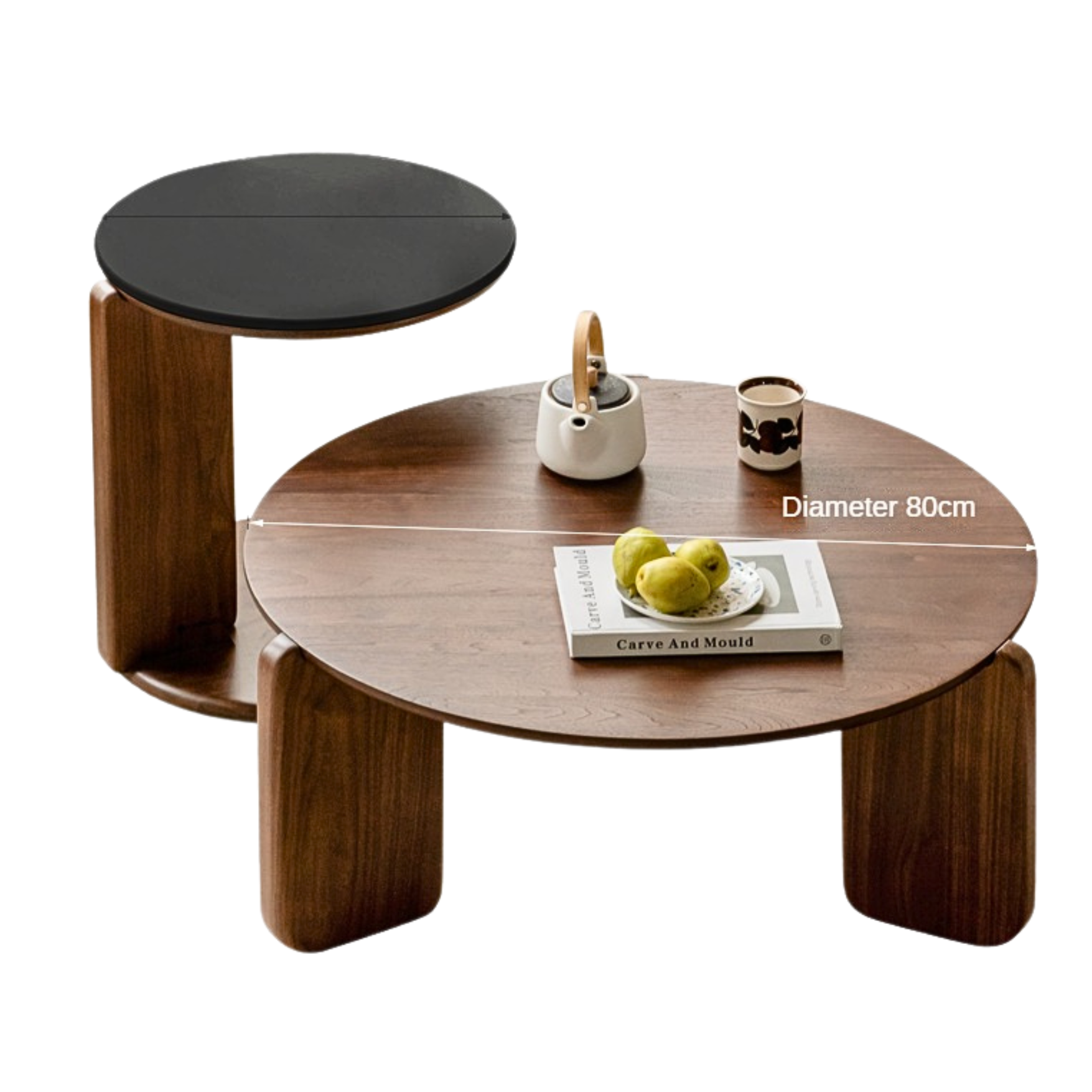 31.4x31.4x13.3 inch/  79.6x79.6x33.8 cm/ Rich Dark Walnut color / large coffee table + small coffee table pure black