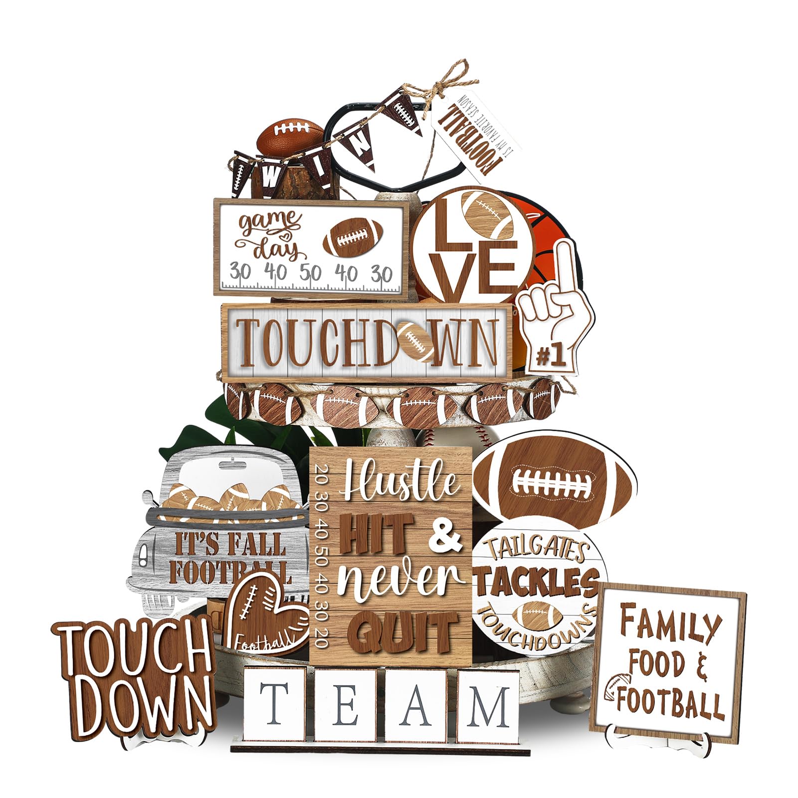 FairySandy 27-Piece Football Themed Tiered Tray Decor Set - Rustic Wooden Football Ornaments for Farmhouse Home Decor, Table Centerpieces - Perfect for Football Fans, Game Day Parties & Sports Club Decorations