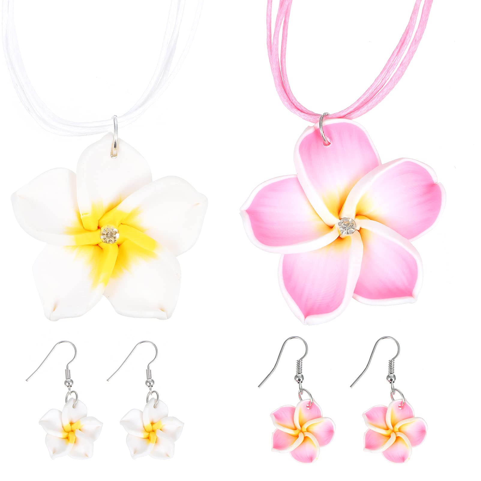 PRETYZOOM 2 Sets Hawaiian Plumeria Flower Polymer Clay Dangle Earrings & Pendant Necklace Jewelry Set for Women - Beach Party, Vacation, Summer Outfit Accessories