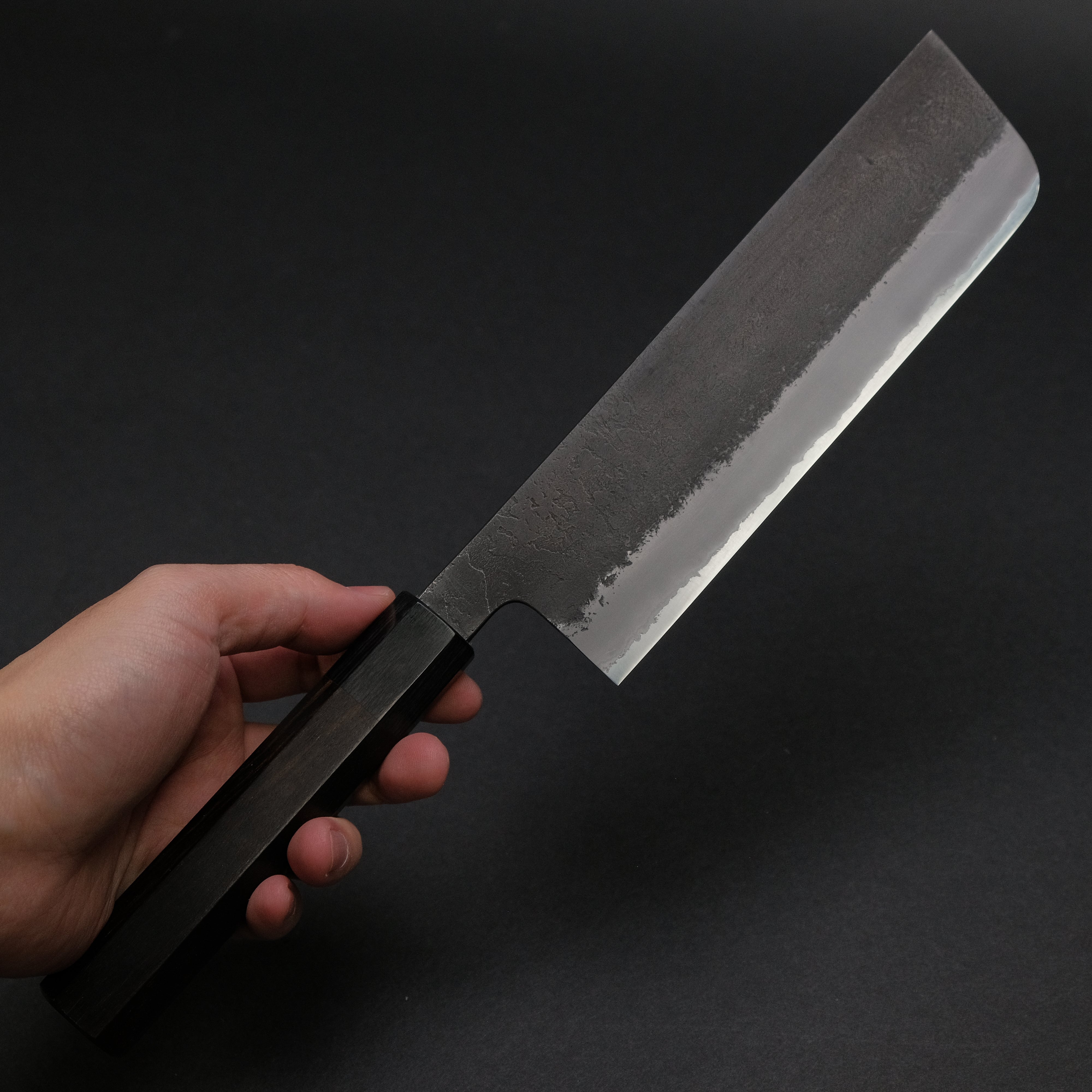 Premium Mutsumi Blue Super Kurouchi Nashiji Nakiri Knife 180mm - Japanese Chef Knife with Ebony Handle - Perfect for Slicing Vegetables, Herbs & Sushi Preparation