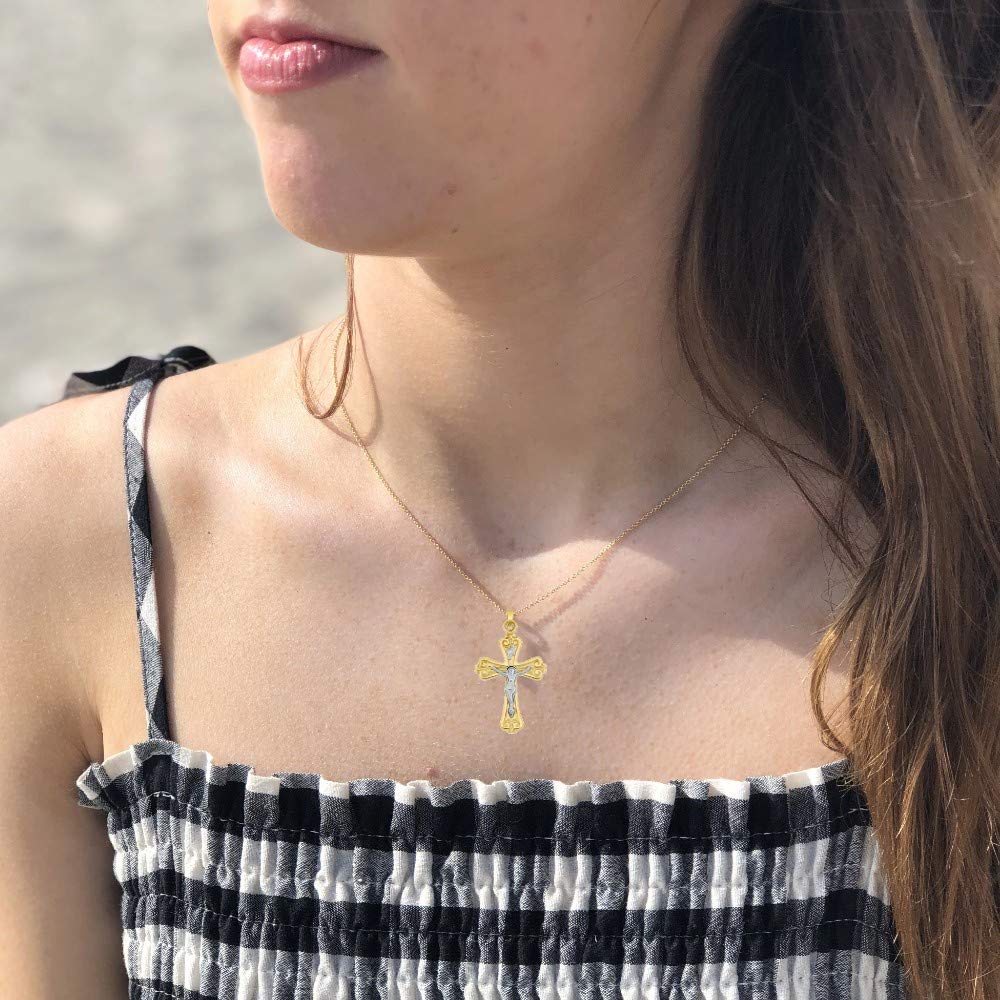 14K Two Tone Solid Yellow & White Gold INRI Crucifix Pendant Necklace - Elegant Religious Jewelry for Women & Men - Perfect for Baptism, First Communion, Confirmation & Spiritual Gifts