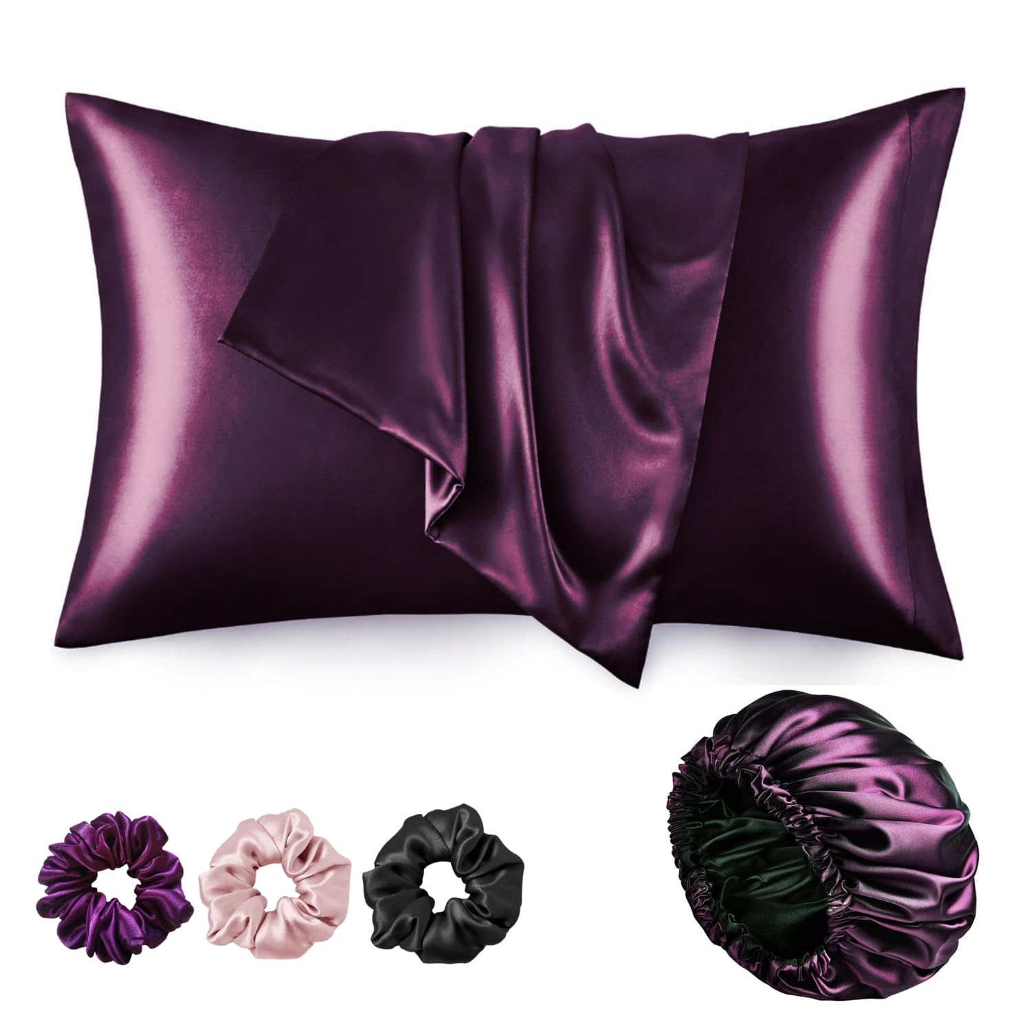 Silk Bonnet for Hair with 3 Satin Scrunchies & 2 Satin Pillow Covers - Adjustable Satin Hair Bonnet for Curly Hair - Best Gift Combo Pack for Women - Perfect for Nighttime Hair Protection & Travel Accessories