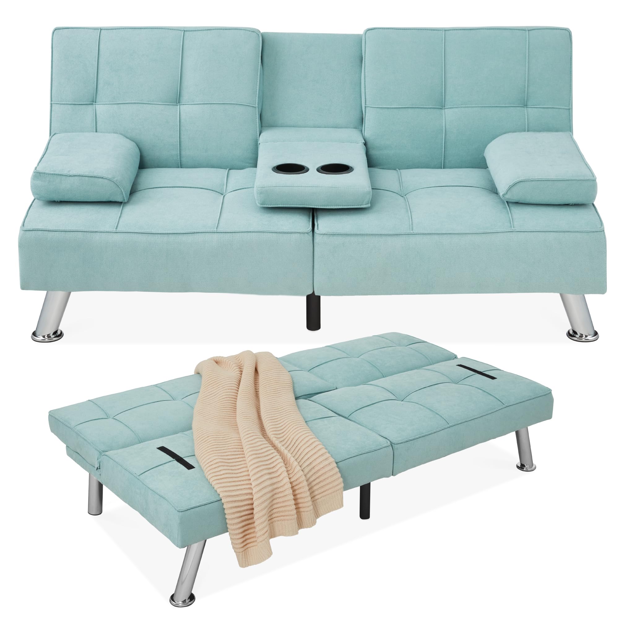 Best Choice Products Modern Folding Futon Sofa Bed - Convertible Linen Recliner with Removable Armrests & 2 Cup Holders - Space Saving Sleeper for Small Apartments, Dorms, Guest Rooms - Aqua Blue