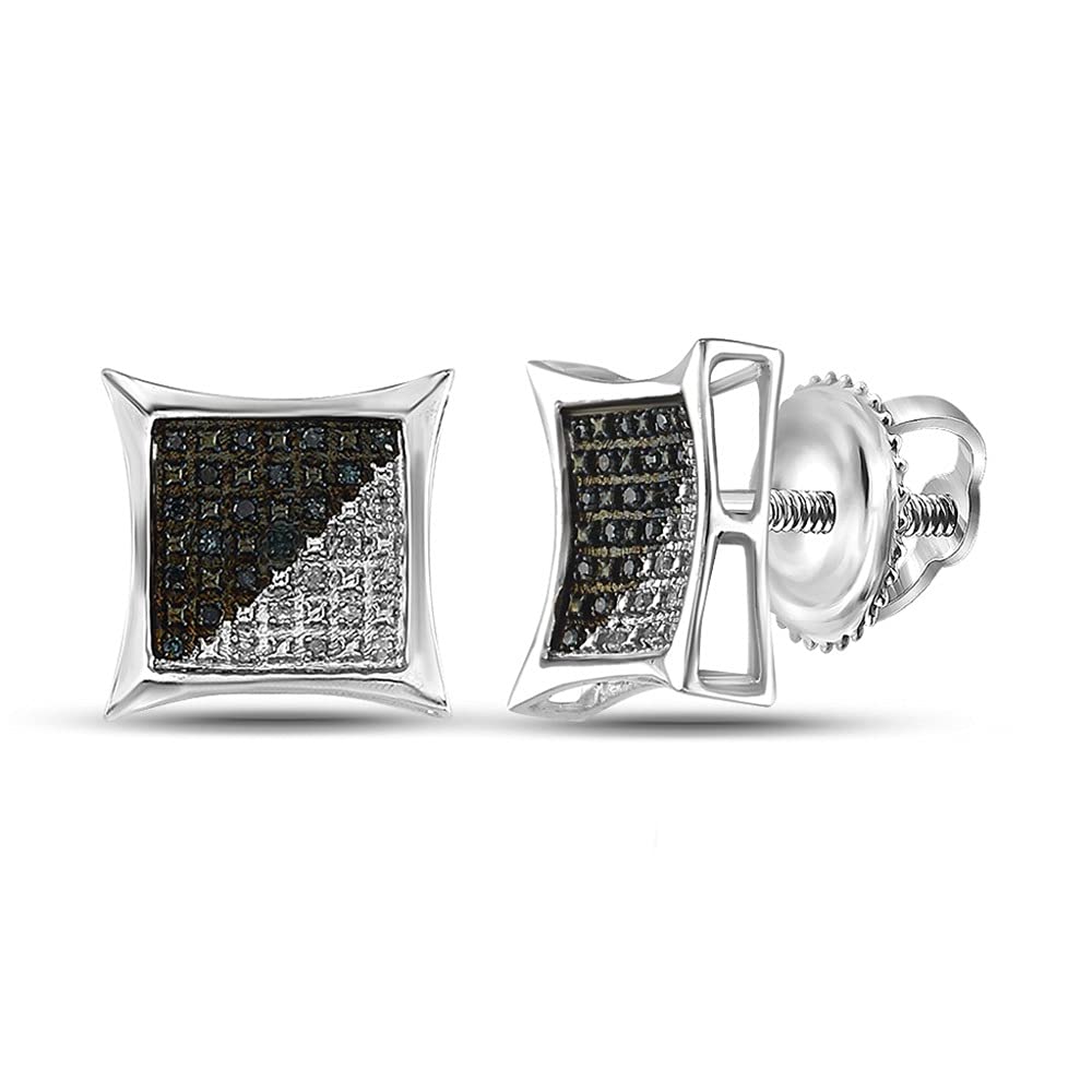 **Sterling Silver Men's Round Blue Enhanced Diamond Square Earrings – 1/6 CTTW – Perfect for Gifts, Parties & Special Occasions**