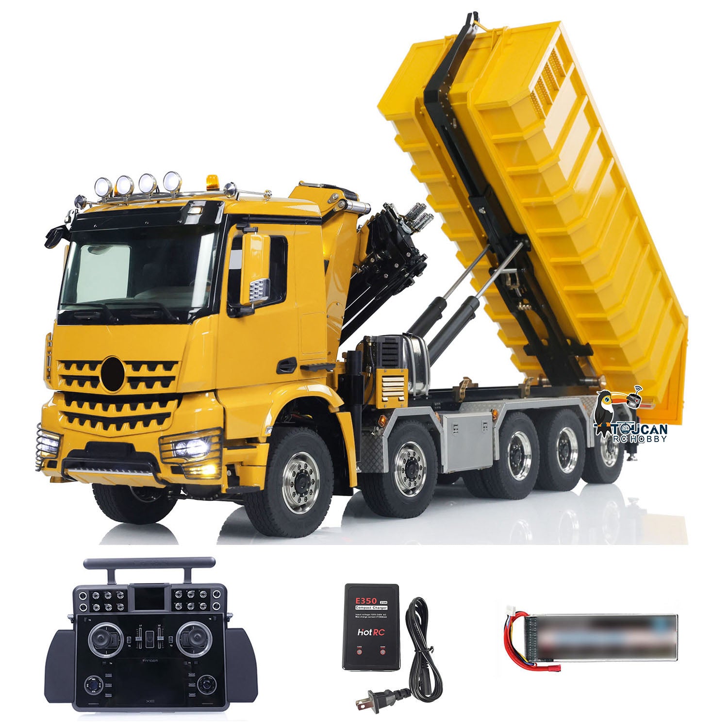 1:14 Scale 10x10 RC Hydraulic Crane Truck - Full Dump Metal Lorry with Rear Axle Steering & U-Shaped High-Standard Bucket & Timber Flatbed - Perfect for Construction Site Simulation, RC Hobbyists, and Collectors