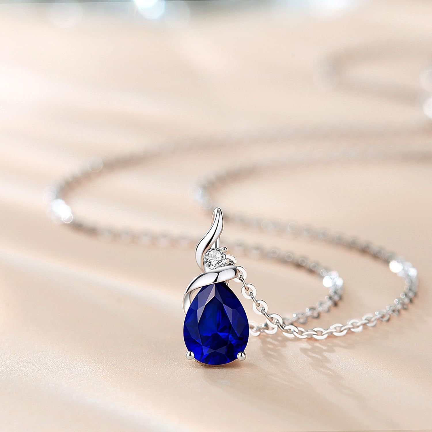 14K Solid White Gold Birthstone Pendant Necklace for Women | Diamond Pear Shaped Teardrop Necklace | Birthday Gift for Mom | Sterling Silver Chain 16