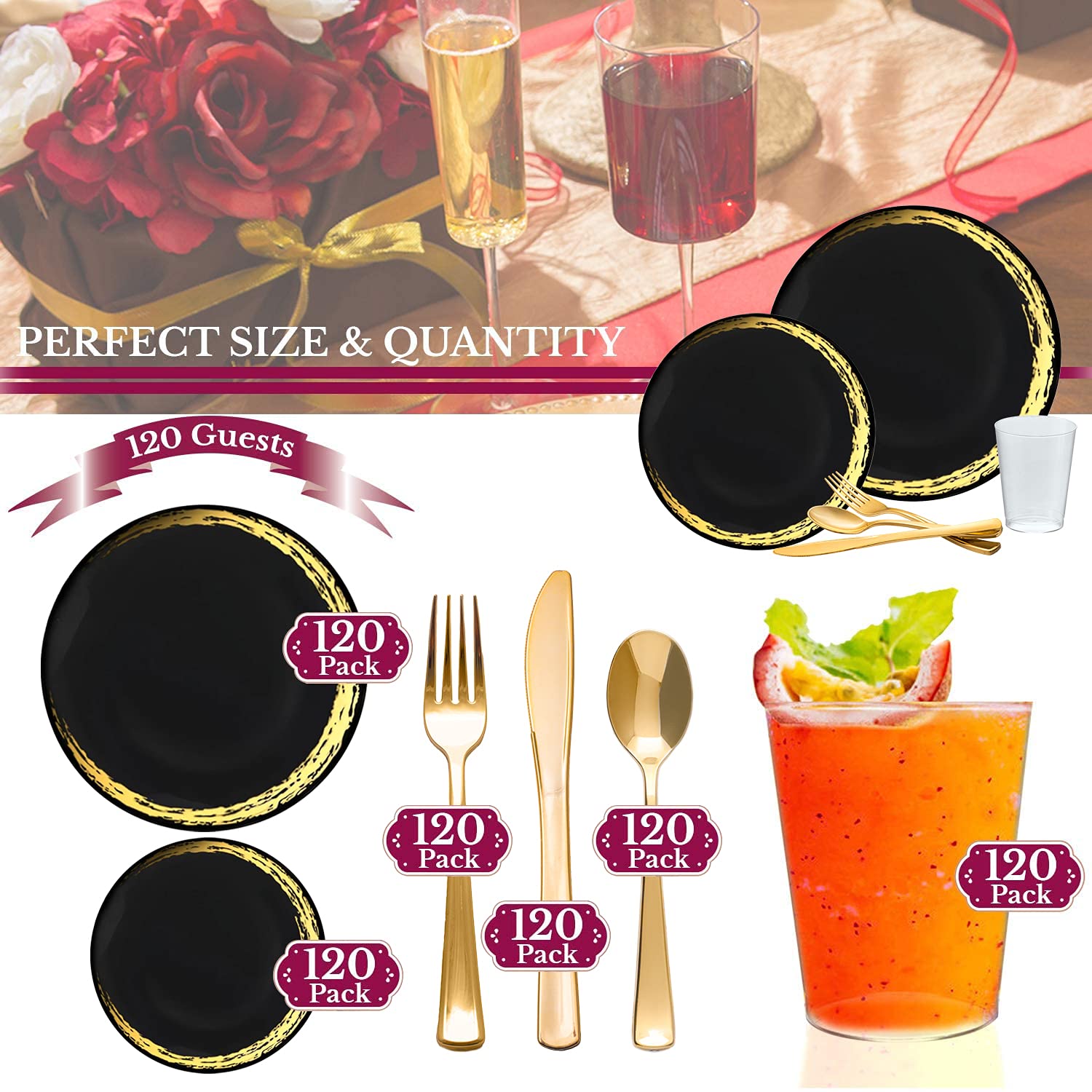 Smarty Had A Party Disposable Plastic Plates - Elegant Moonlight Design Dinnerware Set for Weddings, Birthdays & Special Events (Black & Gold, 120-Piece Wedding Value Pack) - Perfect for Wedding Receptions, Birthday Parties, Anniversary Celebrations & Formal Gatherings