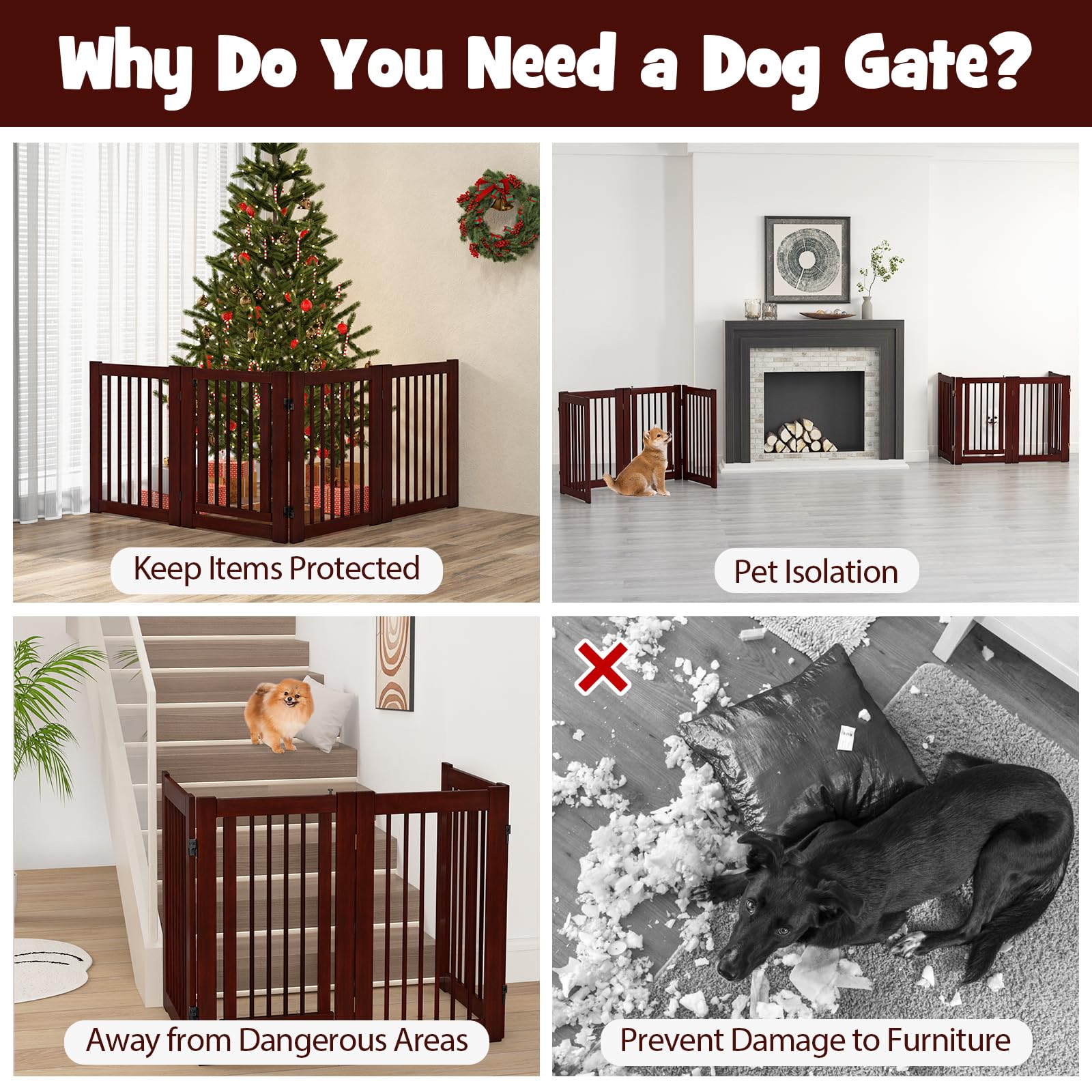 Giantex 30'' Adjustable Freestanding Pet Gate with Door - Extra Wide Wooden Dog Fence for Doorways, Stairs & Hallways - Foldable Panels for Easy Storage & Portability - Perfect for Large Dogs & Home Safety