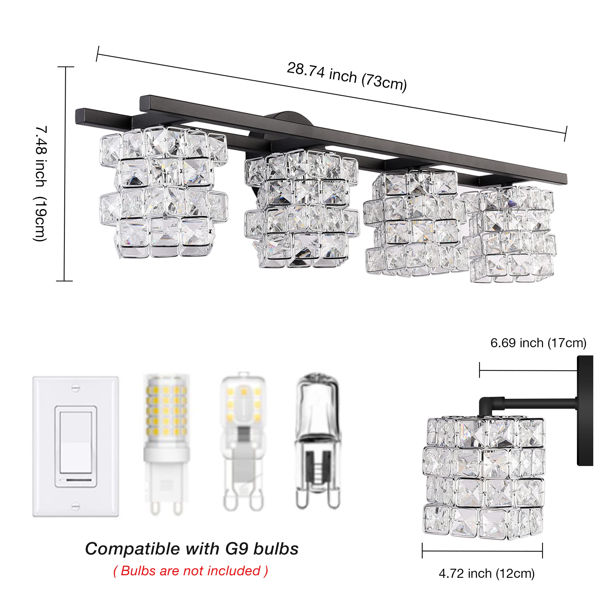 Modern Black BDL Bathroom Vanity Light Fixture - 4-Light Crystal Shade Wall Sconce for Mirror Lighting (Bulbs Not Included) | Perfect for Bathroom, Powder Room & Dressing Room Makeup Lighting