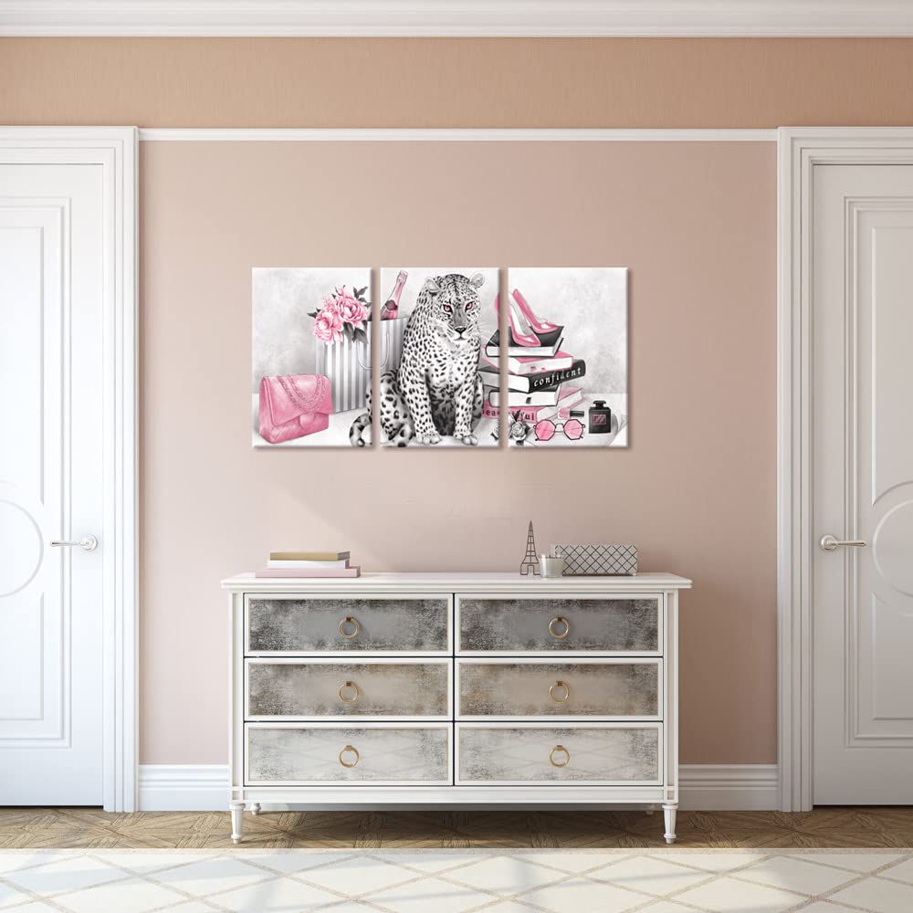 Pink Leopard Cheetah Framed Canvas Wall Art - 3 Piece Set (16x20 Inches) Ready to Hang - Glam Fashion Bedroom Decor for Women - Perfect for Home, Office & Gift Giving