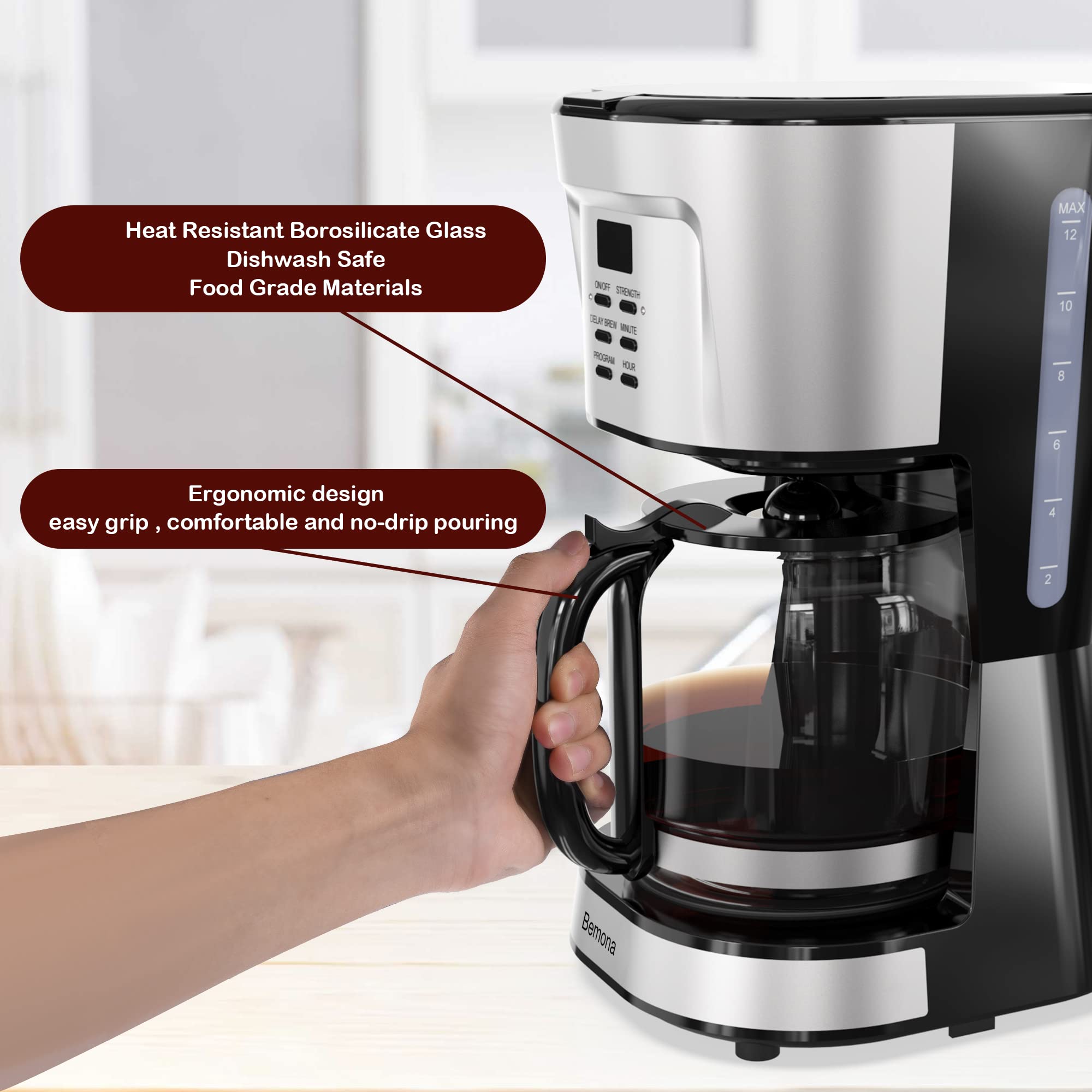 12-Cup Programmable Drip Coffee Maker with Glass Carafe & Permanent Filter - Auto Keep Warm, Water Window - Perfect for Home, Office & Restaurants - Black Coffee Machine