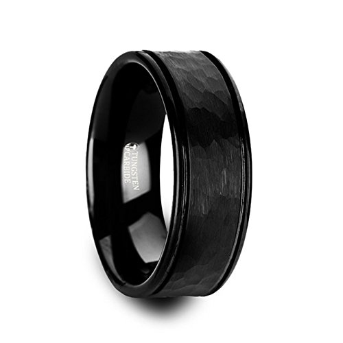 Black Tungsten Carbide Wedding Band for Men - 8mm Hammered Finish with Dual Offset Grooves & Polished Edges - Durable Comfort Fit Ring for Anniversary, Engagement, and Everyday Wear