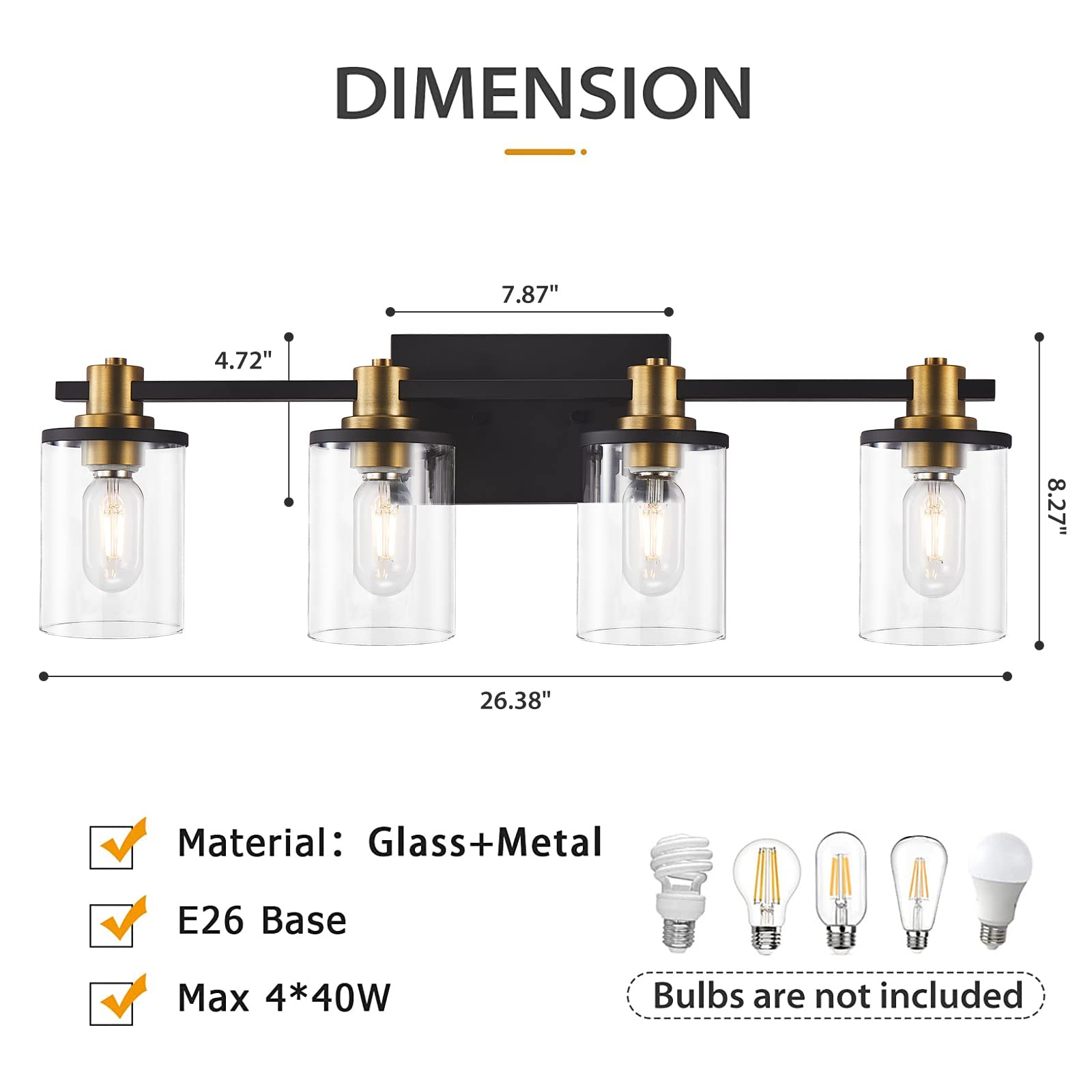 4-Light Black and Gold Bathroom Vanity Light Fixture with Clear Glass Shade - Modern Matte Black & Brushed Gold Copper Accent Lighting for Bathroom Mirror - Perfect for Powder Room, Master Bath, or Spa-Like Retreat
