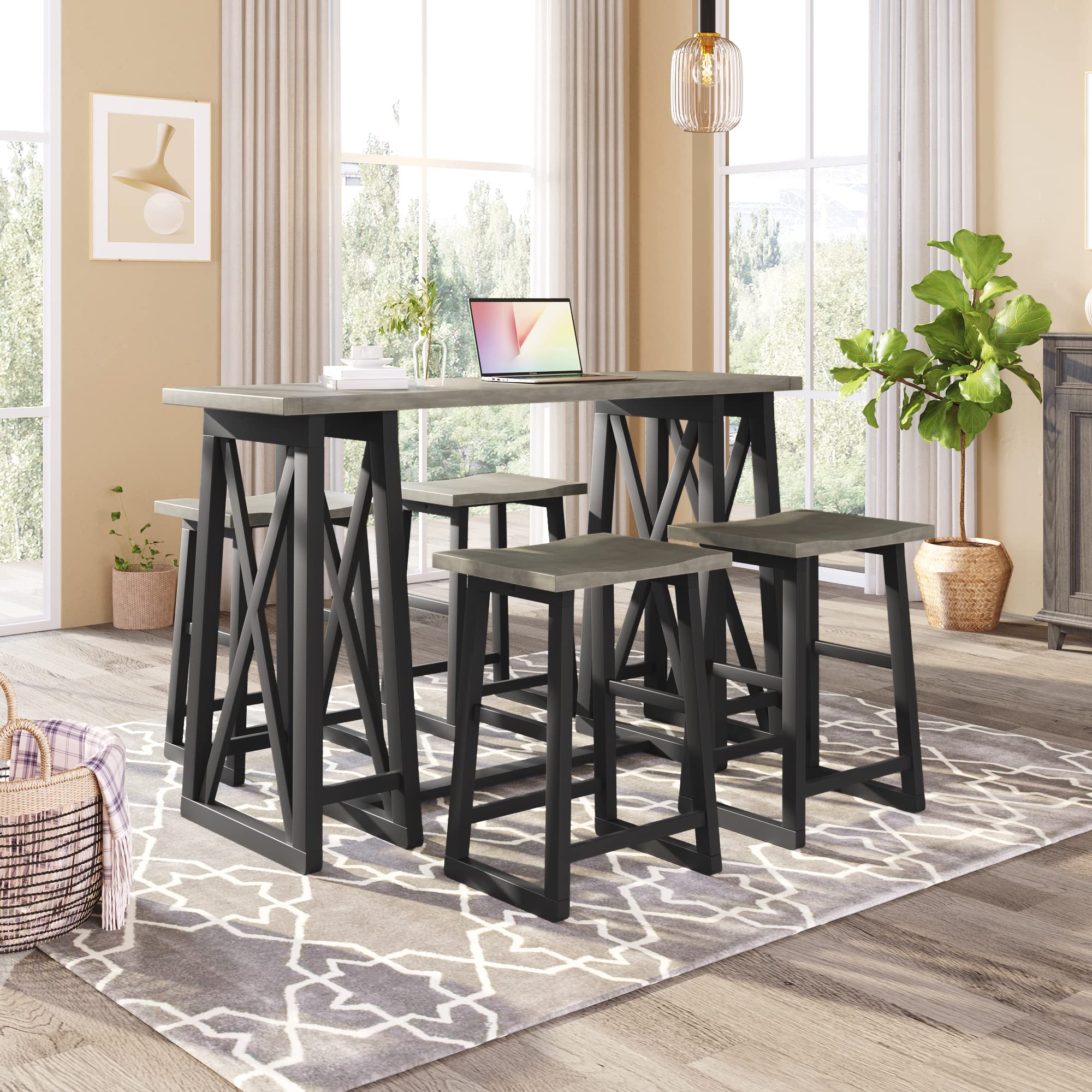 Rustic 5-Piece Counter Height Bar Table Set with 4 Stools - Grey Small Kitchen Dining Table & Chairs for Pub, Breakfast Nook, Bar Console | Perfect for Compact Spaces, Entertaining & Casual Dining