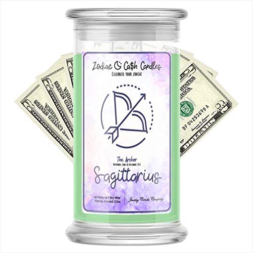 Sagittarius Zodiac Money Candle - Surprise Cash Value $2-$2,500 - 21oz Soy Wax Candle in Jar - Black Cherry & Wine Scent - Perfect for Birthday Gifts, Home Decor, and Spiritual Manifestation