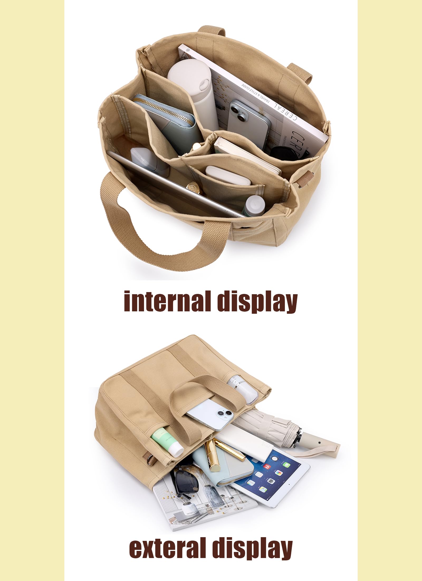 Stylish Canvas Tote Bag for Women with Multiple Pockets - Trendy Shoulder & Crossbody Handbag - Perfect for Work, Travel, Shopping & Daily Use