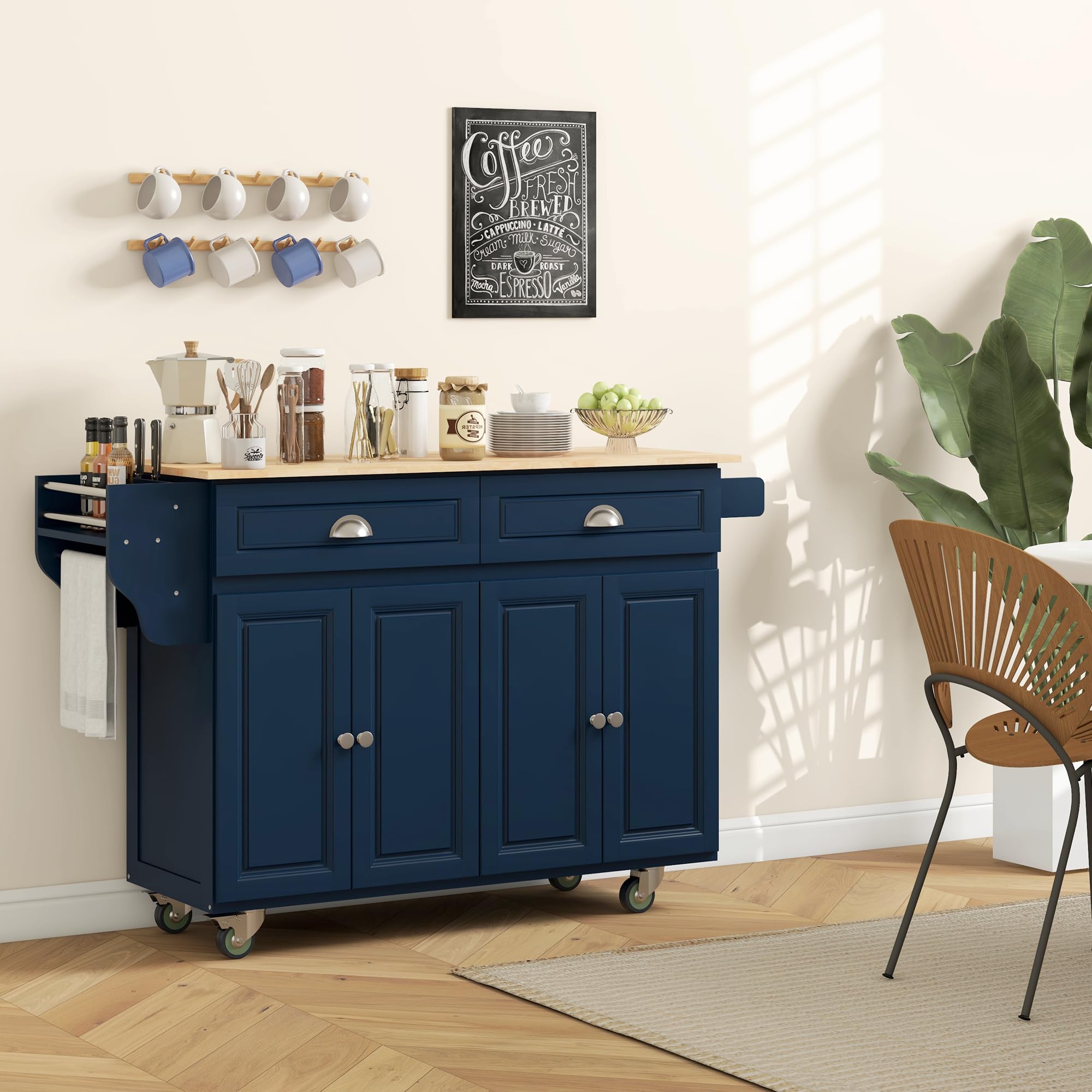 HOMCOM Rolling Kitchen Island Cart with Drop Leaf - Mobile Kitchen Cart with Rubber Wood Top, 2 Drawers & 2 Storage Cabinets - Kitchen & Dining Room Organizer in Dark Blue | Perfect for Small Spaces, Food Prep, and Extra Counter Space