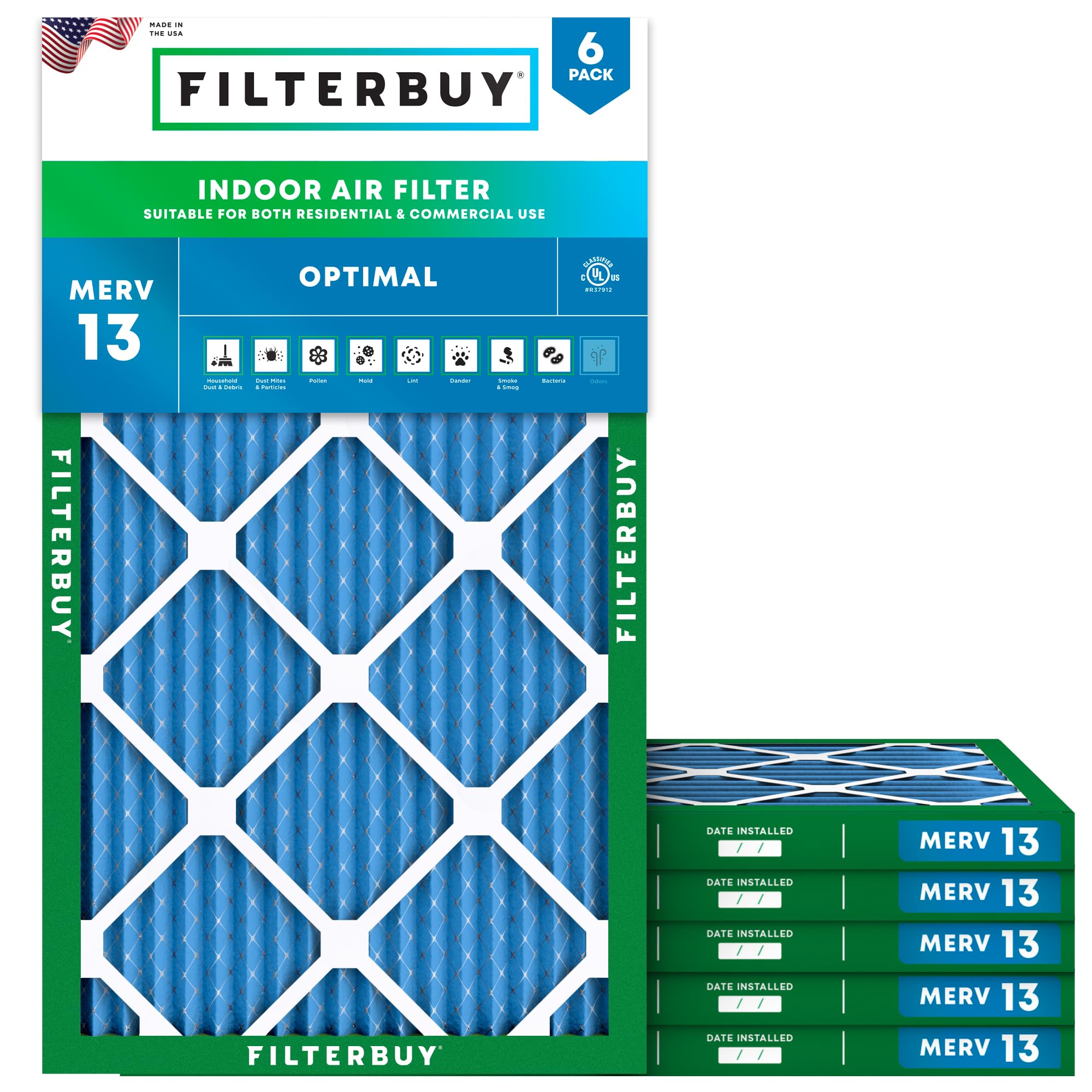 Filterbuy 12x34x1 MERV 13 Pleated Air Filter (6-Pack) - High Efficiency HVAC, AC & Furnace Replacement Filters (12.00 x 34.00 x 0.75 Inches) for Home, Office & Commercial Use - Traps Dust, Pollen & Allergens