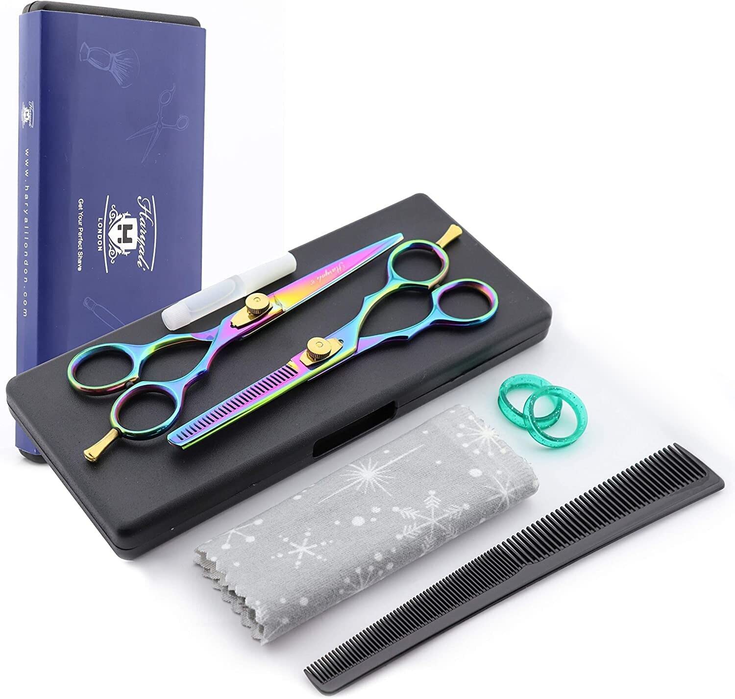 Haryali London Hair Thinning & Styling Shears for Barbers, Hairdressers - Includes Hair Clips, Scissor Oil, Finger Inserts & Comb in Gift Box - Perfect for Salon, Home & Professional Hair Cutting