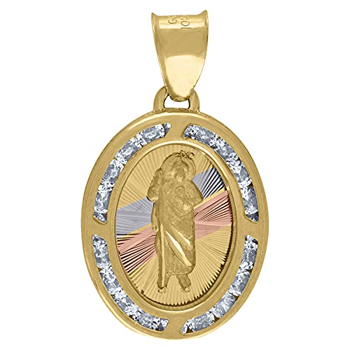 14k Tri-Color Gold Unisex CZ Textured Saint Jude Religious Oval Charm Pendant Necklace - 23.4x13.7mm Jewelry Gift for Women, Men & Teens - Perfect for Baptism, Confirmation, First Communion & Spiritual Protection