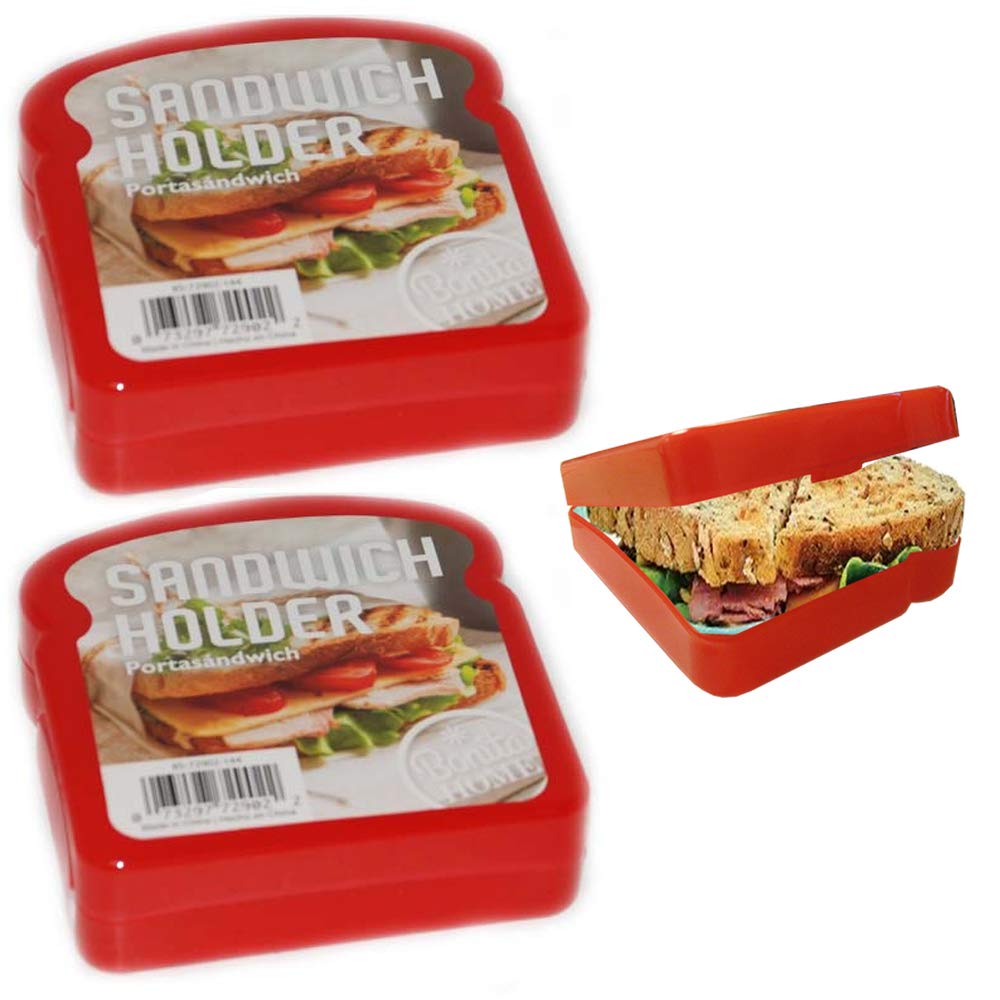 Reusable Red Sandwich Holder Container - 2 Pack Hinged Lunch Box for Food Storage & Snacks | Perfect for School, Office & Picnics