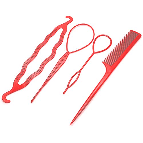 4Pcs Hair Styling Set - Braid, Ponytail & Bun Maker Comb DIY Hair Tools for Women (Red) | Perfect for Home, Salon & Travel Hairstyling Accessories