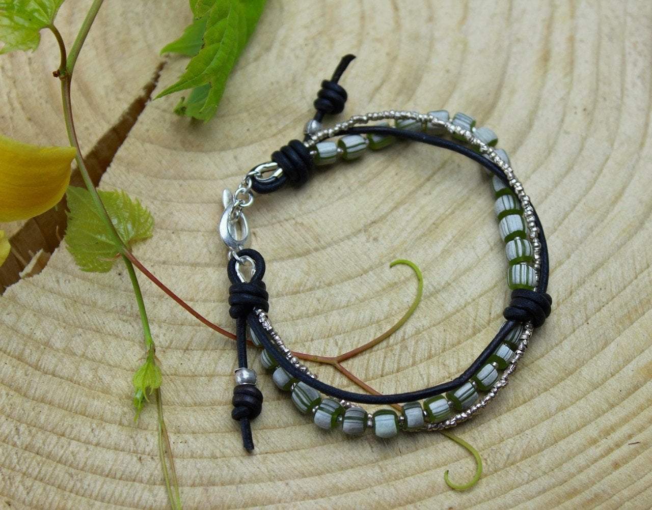 Hand Painted Green Glass & Thai Silver Beaded Bracelet - Unique Boho Jewelry for Women - Perfect for Festivals, Weddings & Everyday Wear
