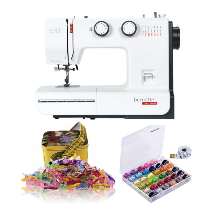 Bernette 33 Swiss Design Sewing Machine with 15 Built-in Stitches - Includes Sewing Clips & Premium Thread Set (3-Piece Bundle) - Perfect for Beginners, Quilting & Home DIY Projects