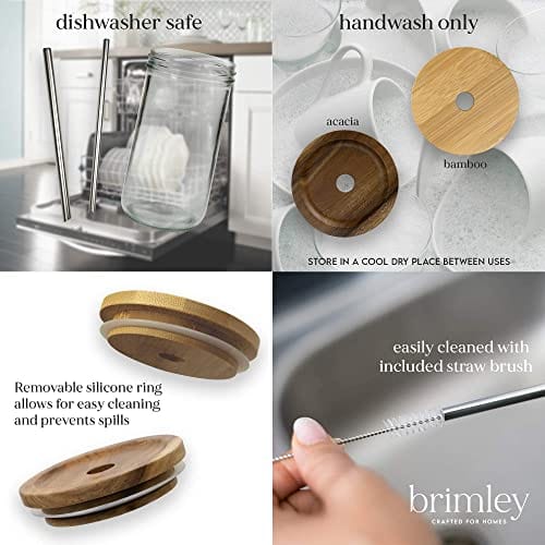 Brimley 20oz Glass Tumbler with Acacia Wood Lid & Stainless Steel Straw - Reusable Smoothie Cup, Bubble Tea Jar, Wide Mouth Mason Jar - Perfect for Iced Coffee, Juice & Cold Drinks at Home, Office or Travel