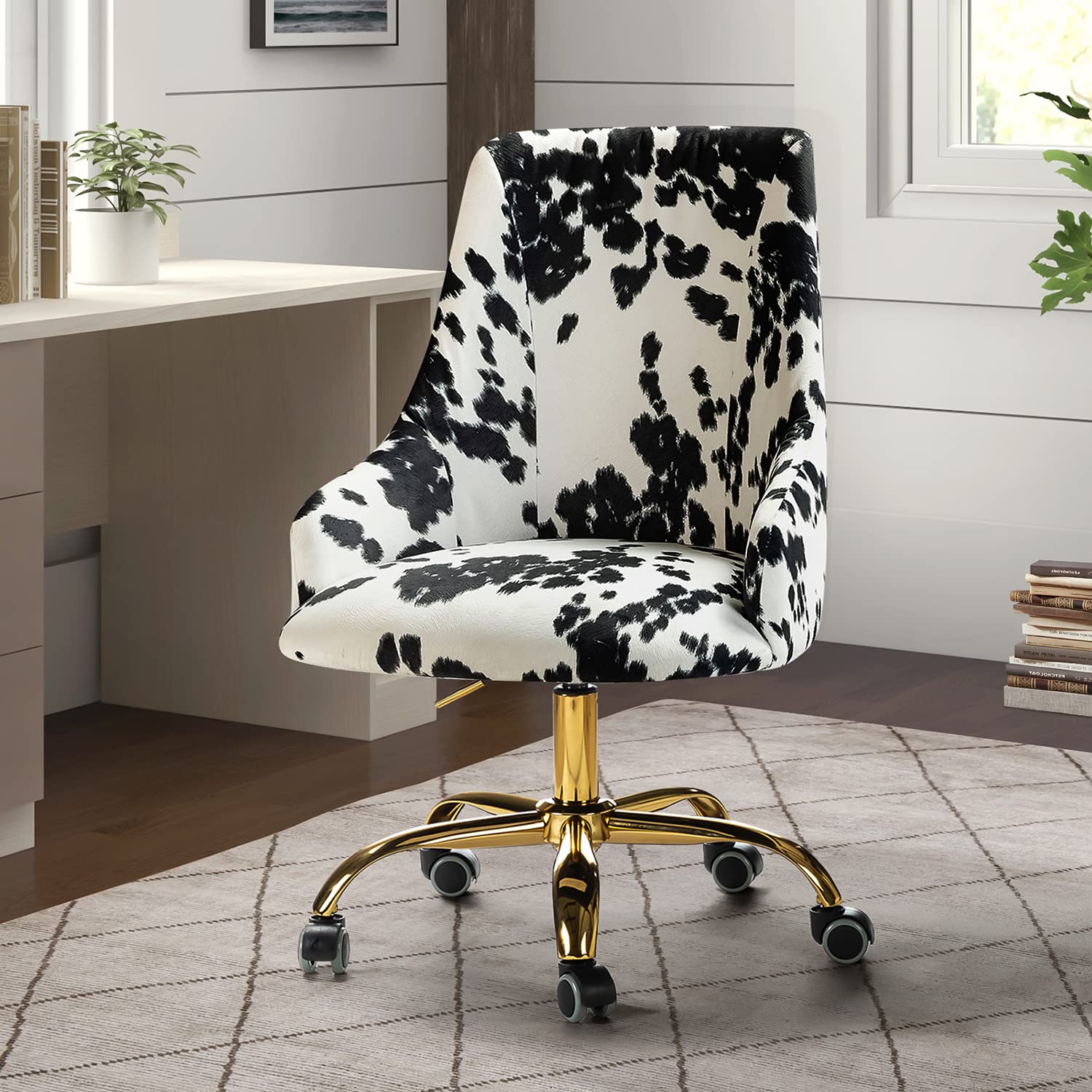 Ergonomic Modern Armless Office Chair with Wheels - Adjustable Swivel Fabric Task Chair for Home & Office - Gold Base & Black Upholstery - Perfect for Workspaces, Living Rooms & Bedrooms