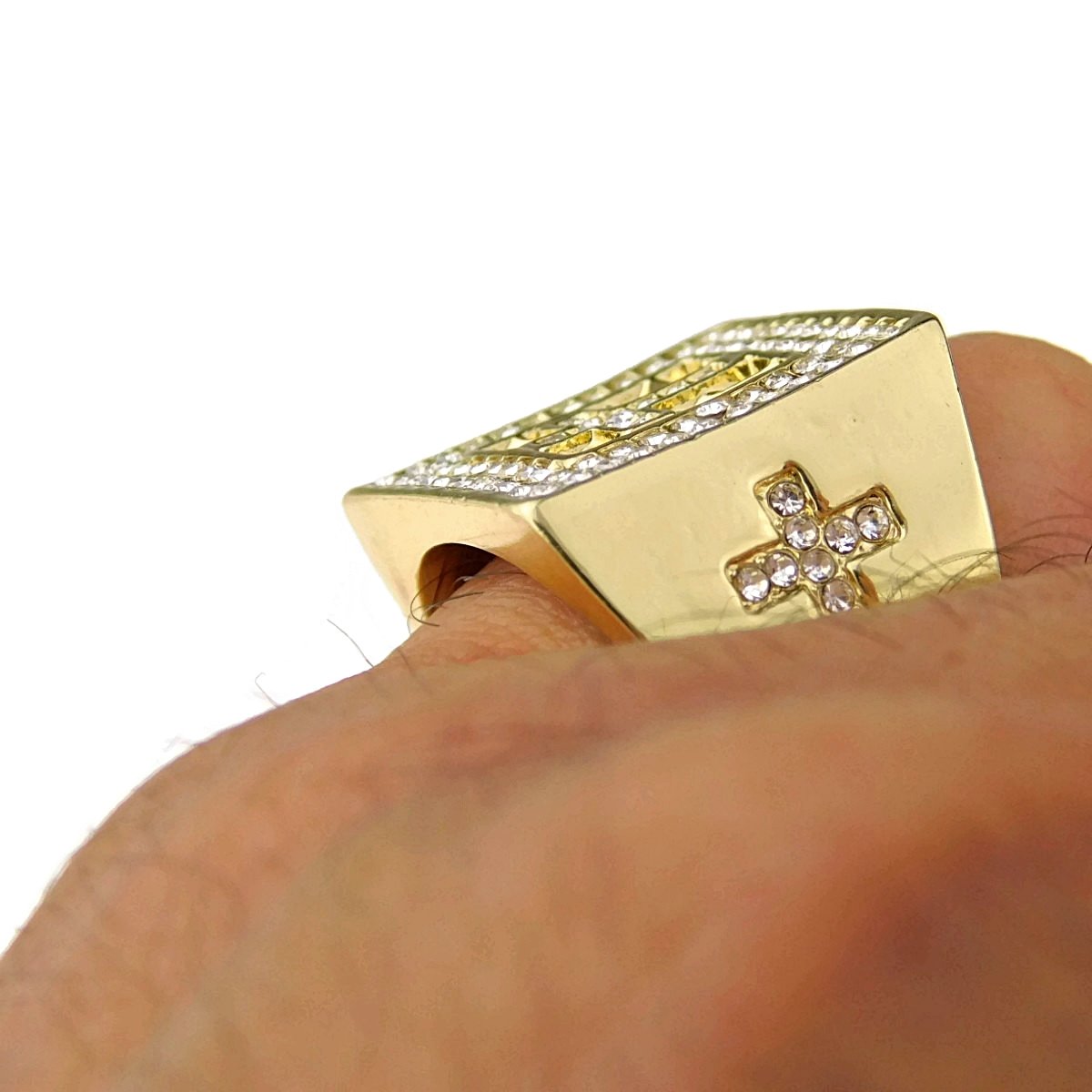 Men's Iced Out Cross Ring - Hip Hop Bling Chunky Band Yellow Gold Finish Sizes 7-12 - Perfect for Rappers, Streetwear Fashion & Gift Giving