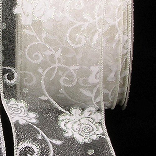 Sheer Ivory Climbing Rose Print Wired Craft Ribbon - 2.5 Inch x 40 Yards - Perfect for Gift Wrapping, Floral Arrangements, and DIY Wedding Decorations