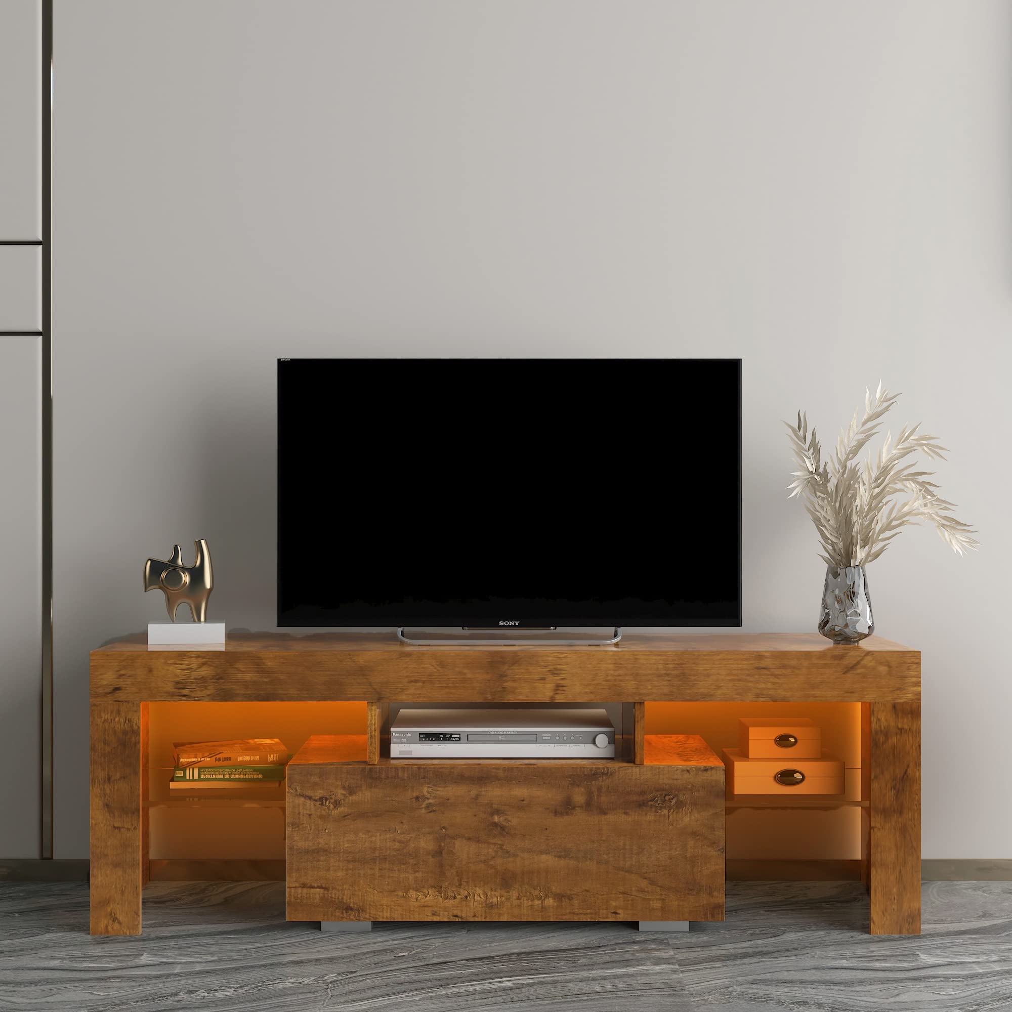 Keseno Modern TV Stand with RGB LED Lights - Entertainment Center for Flat Screen TVs & Gaming Consoles - Solid FIR Wood Media Cabinet for Living Room, Lounge & Game Room