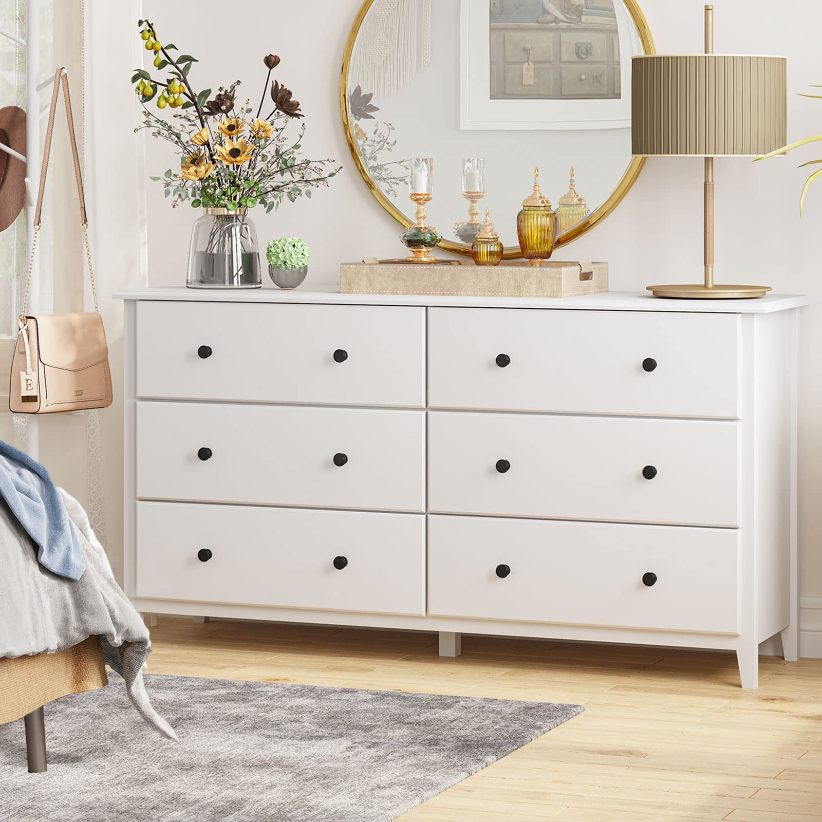 Hasuit White 6-Drawer Double Dresser - Wooden Chest with Wide Storage Space, Clothes Organizer for Bedroom, Living Room & Hallway - Perfect for Home Organization & Decluttering
